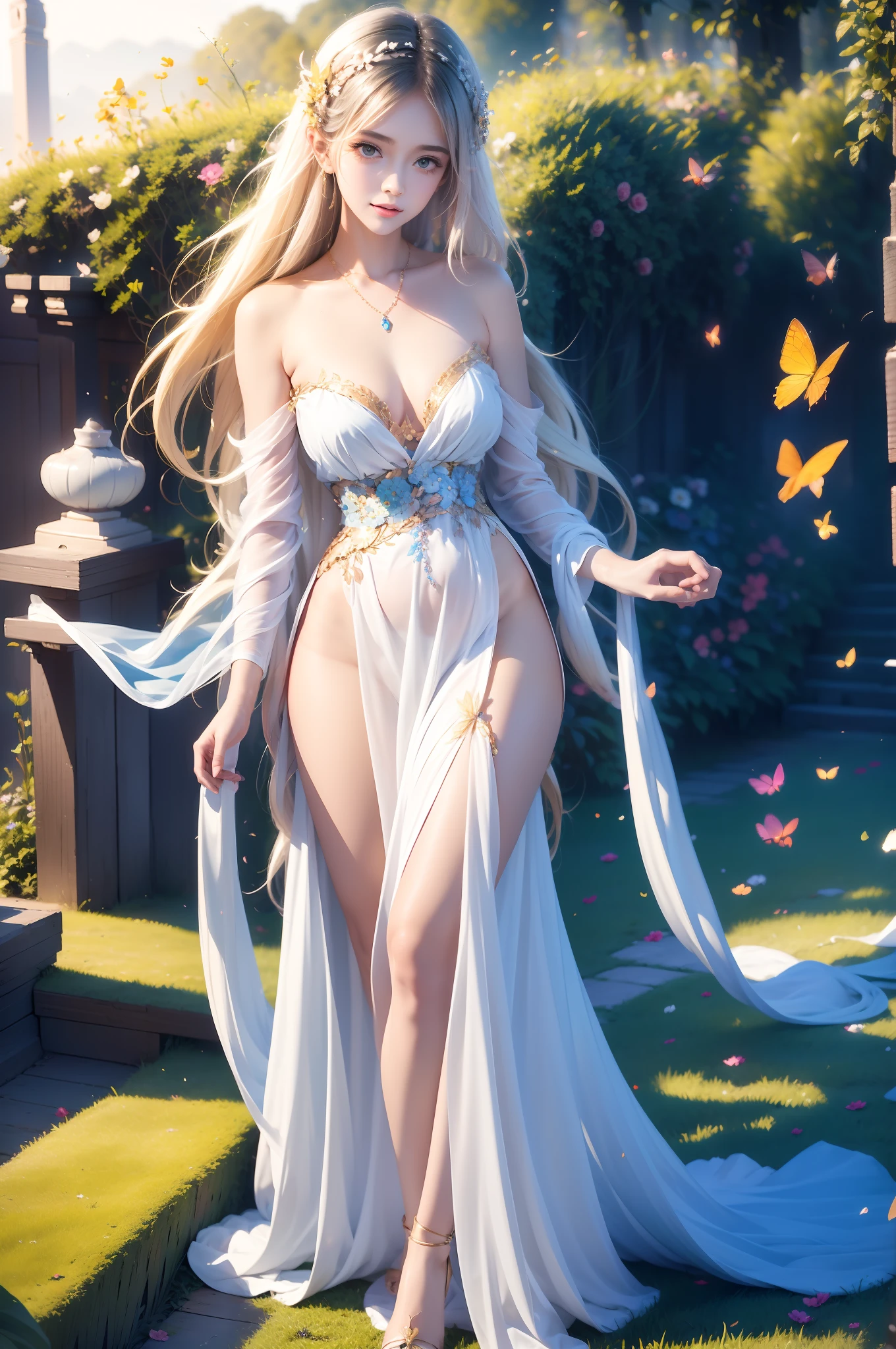 1girl, solo, full body, (masterpiece:1.21), (best quality:1.2), colorful, (illustration:1.2), (cinematic lighting:1.1), (bare shoulders:1.21), (collarbone:1.21) in this whimsical A beautiful and dreamlike garden, the scene is illuminated by a rainbow (colorful fireflies) dancing in the air. Pastel (drizzle) adorns the garden, creating a hazy and ethereal atmosphere. In the center of the picture, stands a single girl, an extremely beautiful girl, with lovely facial features and an innocent expression. Her long hair fluttered in the wind. She wore a low-cut strapless dress that accentuated her curves. The lighting is very delicate and beautiful, creating a soft warm glow that accentuates the water and makes it sparkle like a diamond. The finest grasses are also illuminated to create a lush carpet. The garden is surrounded by colorful flower fields with flowers of all colors and shapes. Various colors and sizes (coloured butterflies) can be seen flying around the scene, adding to the overall sense of wonder and magic. (Everyone, judges), a blush can be seen on the bridge of the nose, and the mouth is slightly opened, which adds to the overall sense of innocence and youth. Falling petals can be seen waving around her, adding to the overall sense of romance and beauty. The breeze is blowing, the leaves are rustling, and the flowers are swaying, adding to the overall dynamism and vitality. It is a scene of pure wonder and magic, full of color and beauty, where the viewer can lose themselves in this enchanting and captivating world.
