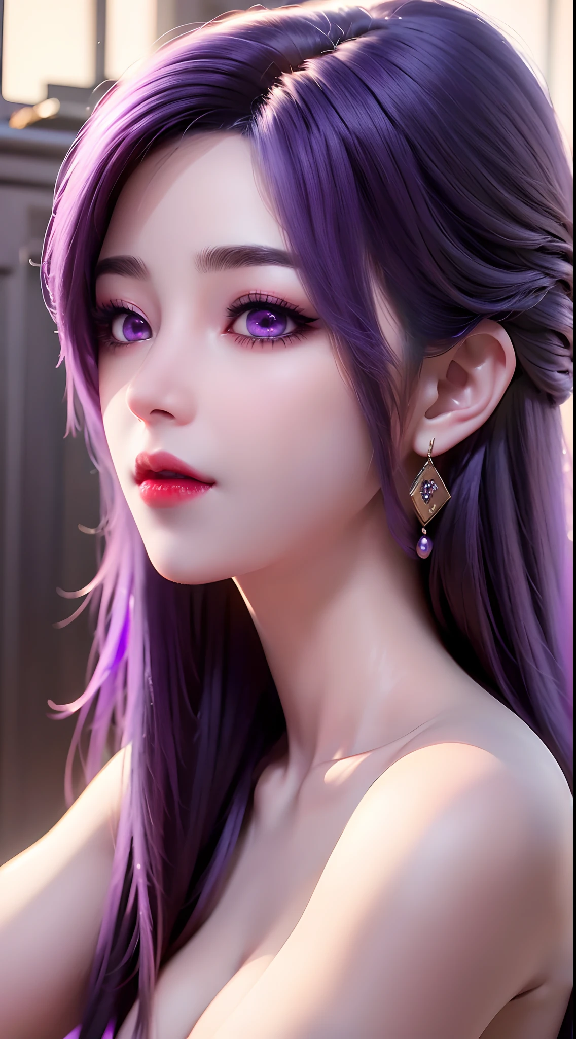 "1 beautiful girl in traditional dress, wearing a Chinese traditional ao dai in luminous purple color, The ao dai uses purple as the main color, ((nude:2)), nipple, long hair and purple bangs, most beautiful and detailed hair jewelry, Super cute little face Extremely beautiful face, thin eyebrows, the most beautiful and flawless face, ((black eye pupil:0.8)), very beautiful eyes, ((purple eyes:1.4)), hairy beautiful and detailed makeup eyelashes, high nose, earrings,thin lips, plump red lips, ban on laughing, beautiful lips, slender arms, The most beautiful thighs, ((2 arms reaching out to the sides: 1.5)), healthy limbs, rosy face, clean face, beautiful face without blemishes, smooth white skin, (big breasts: 0.9)), Blums breasts, ((big and super round breasts: 0.9)), ((super tight breasts: 1.2)), ((breast augmentation: 0.8)), beautiful breasts, 2 hands behind your back, upper body of a beautiful girl, 8k photo, super high quality, super realistic, 10x super pixels, actual photo, dark studio, border light, two-tone lighting color, (high detail skin: 1.2), 8k ultra, soft light, high quality, volumetric light, candid, Photo, high resolution, light, best photo, 4k quality, 8k, bokeh, Smooth and sharp, 10x pixelated, (galaxy: 1.7), aurora, lightning, super graphics, most realistic graphics, alone, solo, ((portrait:1.5)), Extremely sharp, surreal image, ((upper body:1.5))."