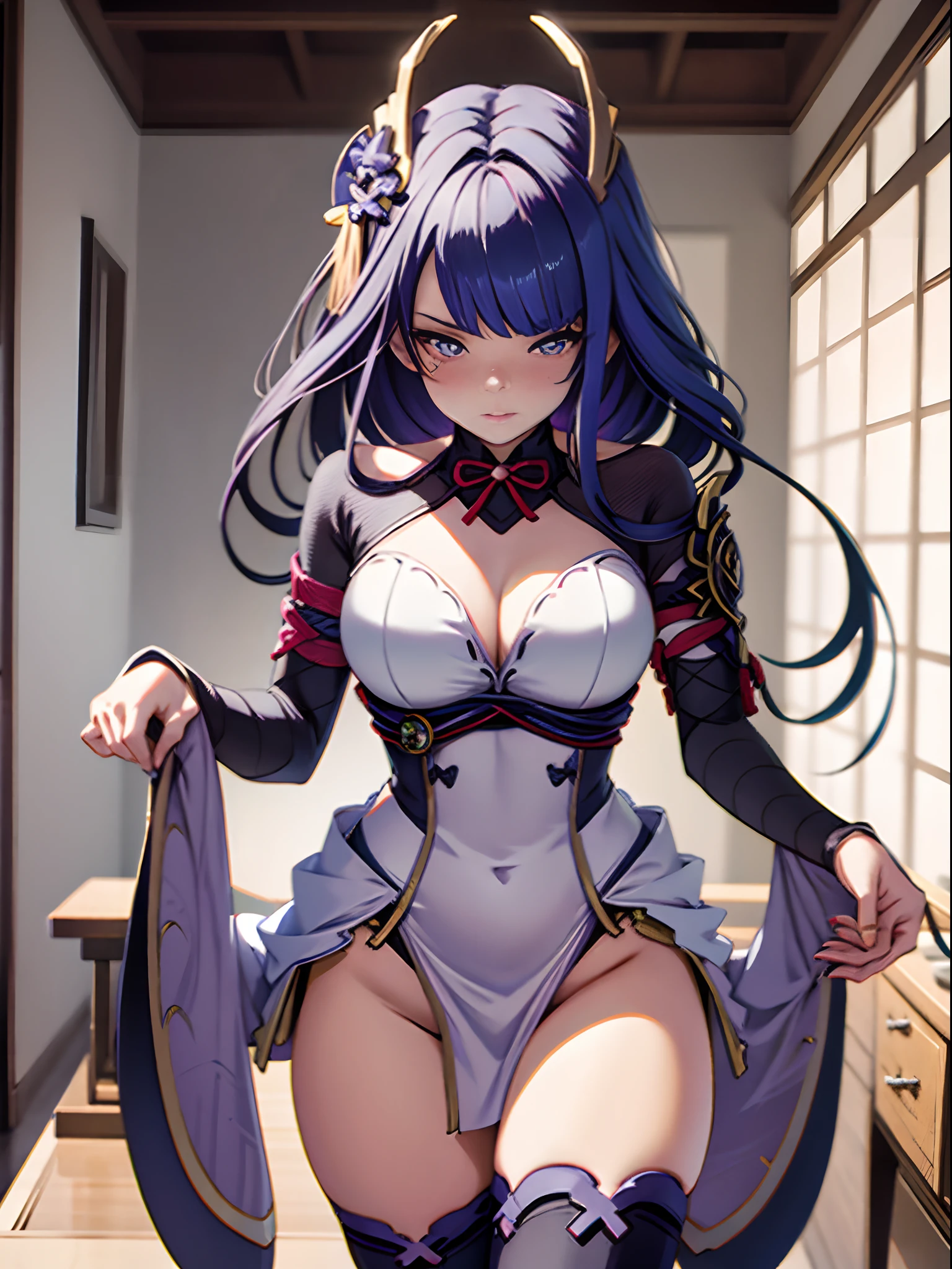 A woman in a dress poses on the table in the room, seductive anime girls, beautiful and seductive anime woman, anime barbie in white stockings, Fine details. Girl Front, biomechanical oppai, anime highly detailed, Anime goddess, small curvaceous loli, intricate body, beautiful alluring anime teen, 8K high quality detailed art, oppai，blush，