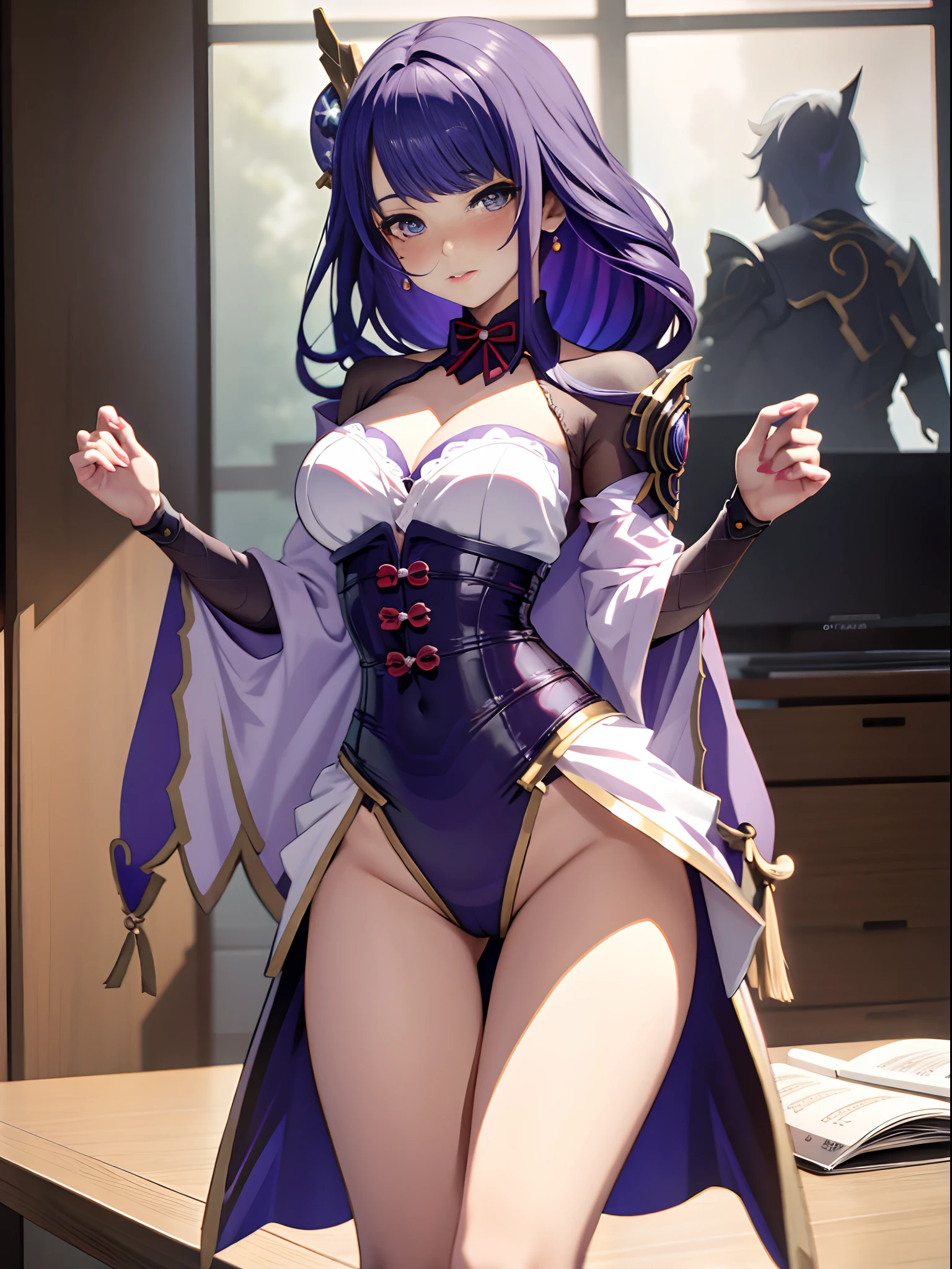 A woman in a dress poses on the table in the room, seductive anime girls, beautiful and seductive anime woman, anime barbie in white stockings, Fine details. Girl Front, biomechanical oppai, anime highly detailed, Anime goddess, small curvaceous , intricate body, beautiful alluring anime teen high quality detailed art, oppai,blush,