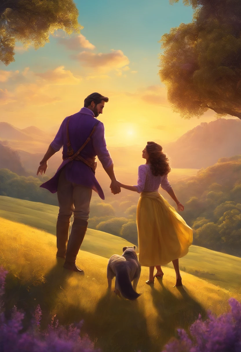Illustration up high adventures in the same style as the movie, With Velinho and his wife still young, lying on the grass, pointing to the sky joyfully;, The image only has yellow and purple colors