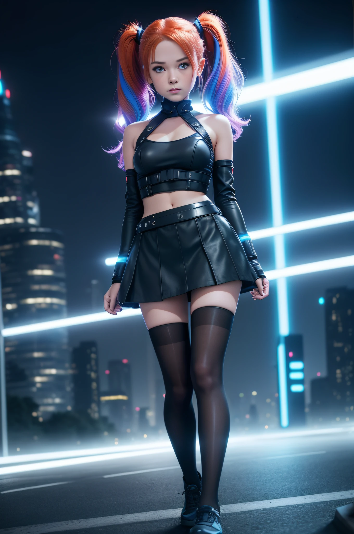 1 girl, solo, (nsfw), cute redhead 18-year-old girl in twin tails, ((perfect female body)), (cute face make up), multiple (rainbow colored hair: 1.2), (beautiful detailed blue eyes: 1.6), (photo realistic eyes: 1.6), happy, Ukrainian, (petite body), ((small hips)), pale white skin, (mini skirt and tube top), (matte pantyhose: 1.6), (("TRON LEGACY city" style background)), (night time:1.2), photo realistic.