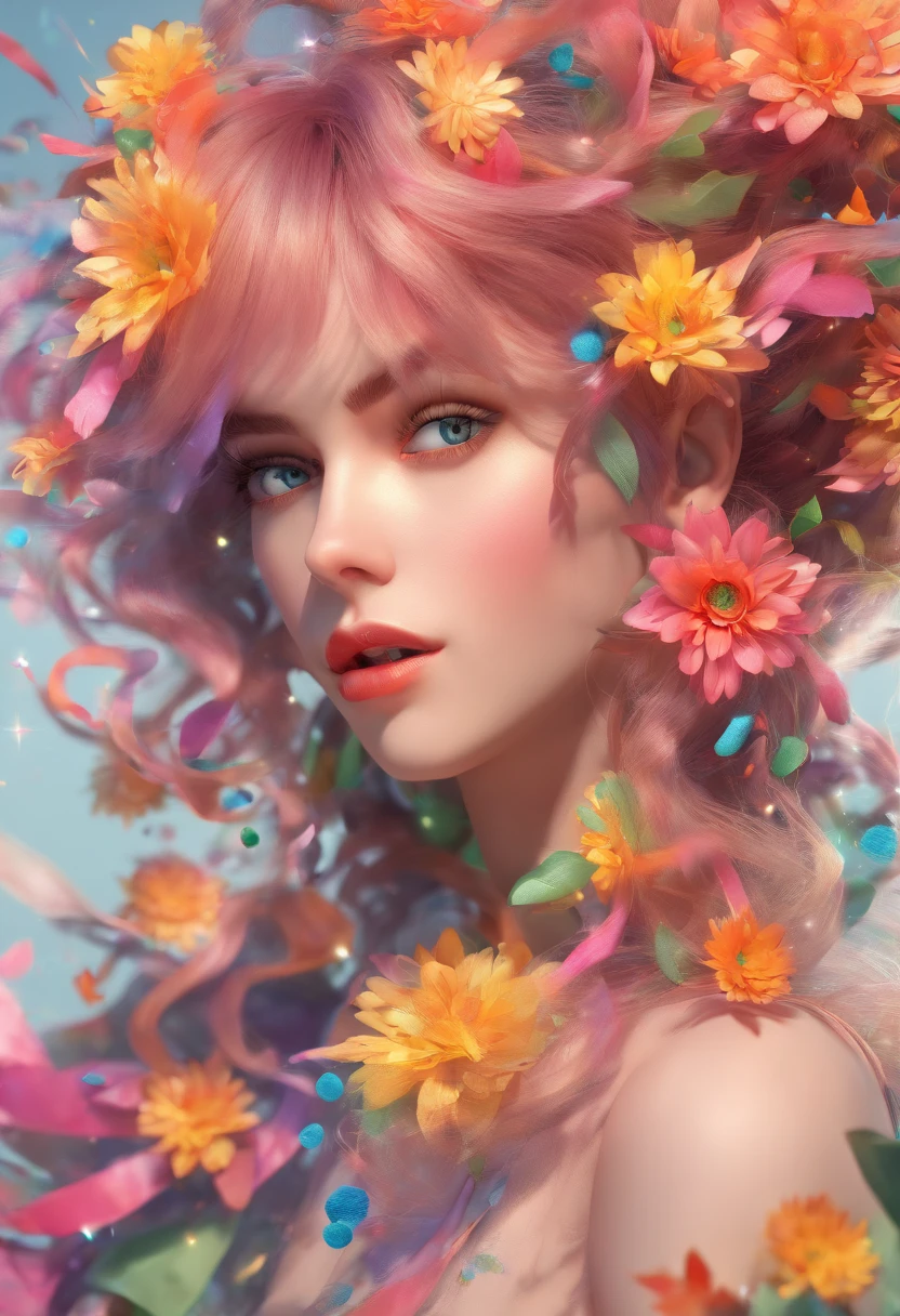 (masterpiece), (best quality), (ultra detailed),(disheveled hair),(illustration), (1man), standing, Fashion model, looking at viewer, (interview), (detailed background),beautiful detailed eyes, delicate beautiful face, Floating,(high saturation),(colorful splashes),colorful bubble,(shining), focus on face, floating flowers, floating hairs, (shining), best lighting, best shadow, 1male solo