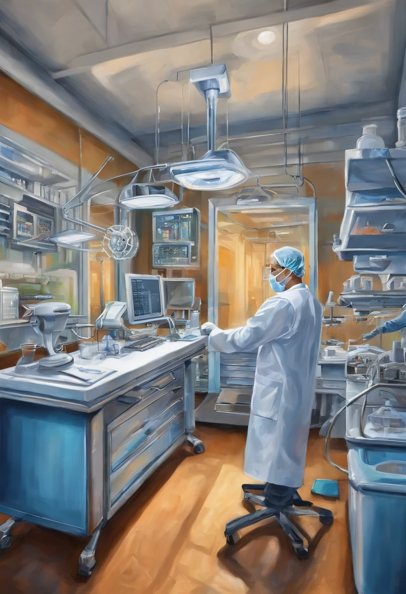Por favor, create a realistic 3D image of a healthcare professional in a technological environment with eye-catching colors. The health professional should be portrayed in a futuristic laboratory, surrounded by advanced medical equipment. The scenery should be vibrant and full of vivid colors, creating an energetic atmosphere.The health professional should be represented as a friendly and trusting person, wear a white lab coat and be involved in medical activity relevant to the technological environment. The details of the face and hands should be carefully crafted to emphasize your experience and skills.The environment around the healthcare professional should be filled with holographic screens, showing real-time medical data and complex graphs. As cores utilizadas nas telas devem ser intensas e vibrantes, incluindo tons de azul, verde, roxo e laranja.Ademais, The environment should have futuristic lighting, with neon lights and glow effects throughout the setting