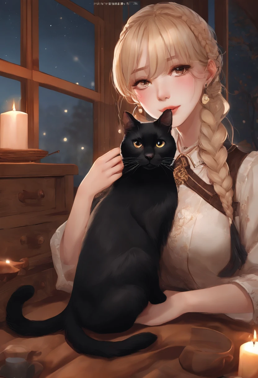 Staying up late on the long autumn night、girl with、25-years old、Beautiful blonde、Braids、Eye Catch、Readers in a nice room、relax、coffee、My pet black cat is also with me