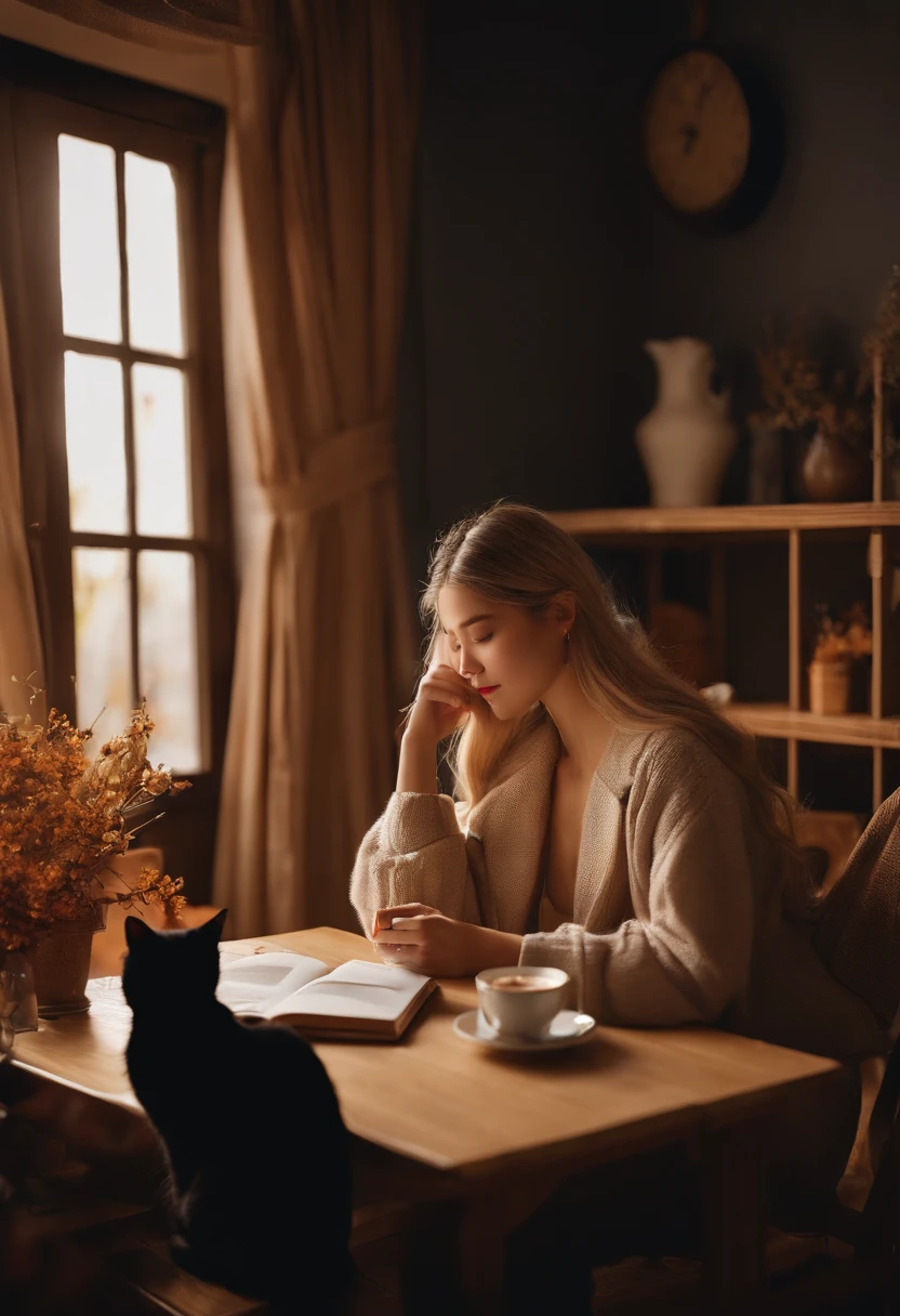 Staying up late on the long autumn night、girl with、25-years old、Beautiful blonde、Braids、Eye Catch、Readers in a nice room、relax、coffee、My pet black cat is also with me
