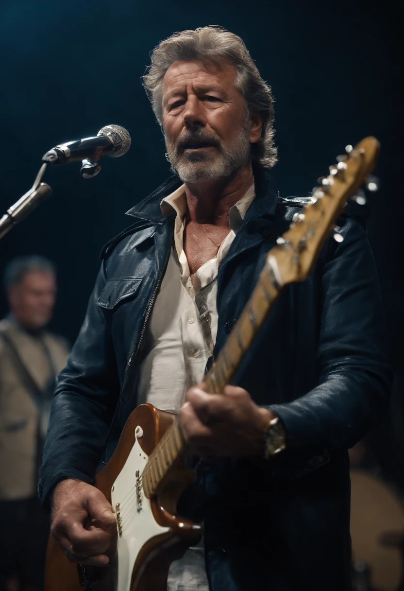 There is a man playing the electric guitar on empty land, singing, it rains and clouded, deep dark blue color background, surrounded fences, bonfire of drums, he gets wet on the rain, droplets, gigachad muscles, wearing a dull navy trench coat, wearing black shirt as inner, muscular men , male art, Eric Clapton, Commission for high resolution, Very heavy vignette!!!,hard ,Nothing is worn, slight laugh,veiny muscles,,shaggy lumpy body,Silver Plate Tag Necklace,Dad with extreme muscle mass,Black little long shaved side hair,Cropped beard face, little laugh, Around 50 years old,tanned brown skin,ultra-detailliert,High quality,Realistic and smooth skin texture,Photorealistic Dandy Guy,Light and shadow