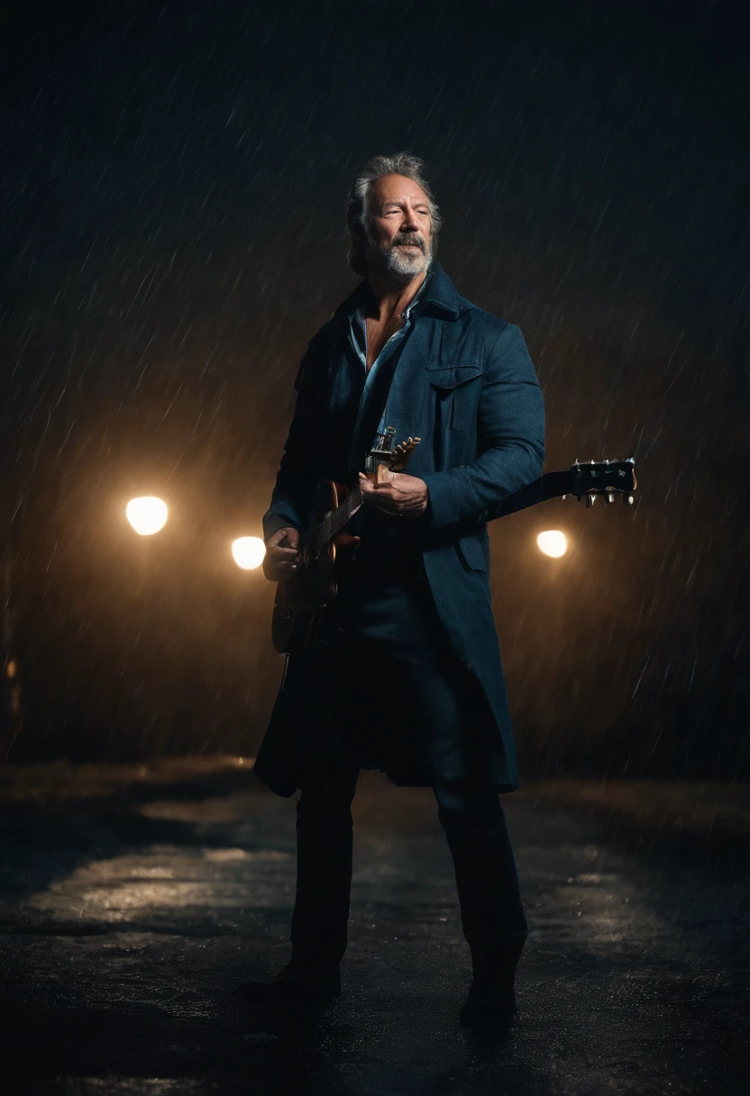 There is a man playing the electric guitar on empty land, singing, it rains and clouded, deep dark blue color background, surrounded fences, bonfire of drums, he gets wet on the rain, droplets, gigachad muscles, wearing a dull navy trench coat, wearing black shirt as inner, muscular men , male art, Eric Clapton, Commission for high resolution, Very heavy vignette!!!,hard ,Nothing is worn, slight laugh,veiny muscles,,shaggy lumpy body,Silver Plate Tag Necklace,Dad with extreme muscle mass,Black little long shaved side hair,Cropped beard face, little laugh, Around 50 years old,tanned brown skin,ultra-detailliert,High quality,Realistic and smooth skin texture,Photorealistic Dandy Guy,Light and shadow