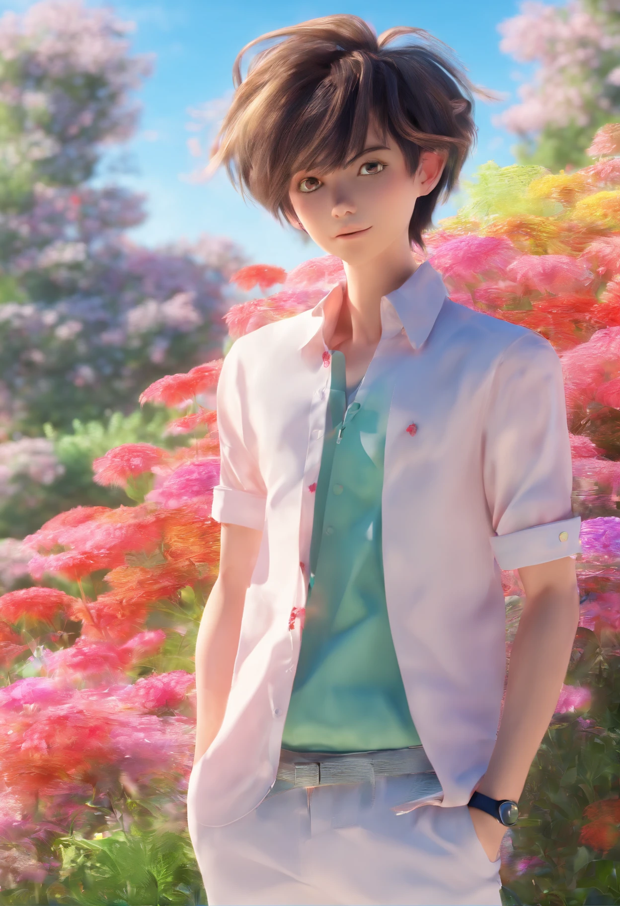(masterpiece), (best quality), (ultra detailed),(disheveled hair),(illustration), (1man), standing, Fashion model, looking at viewer, (interview), (detailed background),beautiful detailed eyes, delicate beautiful face, Floating,(high saturation),(colorful splashes),colorful bubble,(shining), focus on face, floating flowers, floating hairs, (shining), best lighting, best shadow, 1male solo