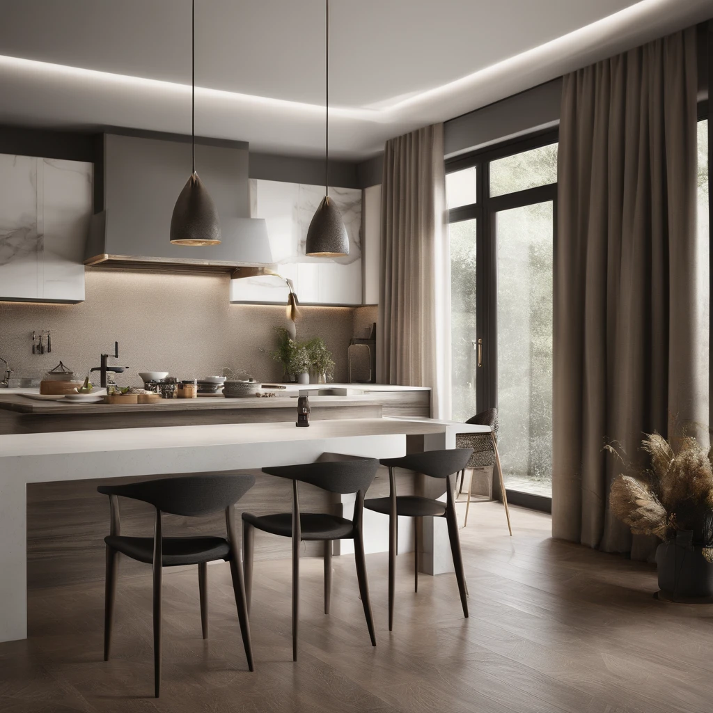 There is a kitchen with a central island and a dining table, fotografia de design de interiores, fotografia de interiores, real estate photography, Directed by: Emerson Silva, Directed by: Felipe Seade, tomada em 2 0 2 0, with dramatic lighting, Directed by: Samuel Silva, com pano de fundo de luz natural, Directed by: Micha Klein, Directed by: Judith Gutierrez, Design de interiores premiado, Directed by: Nandor Soldier