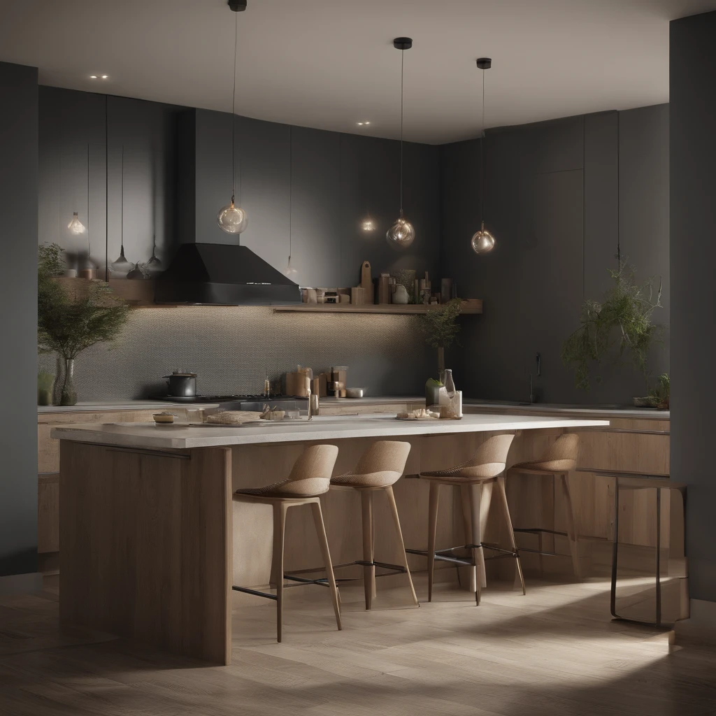 There is a kitchen with a central island and a dining table, fotografia de design de interiores, fotografia de interiores, real estate photography, Directed by: Emerson Silva, Directed by: Felipe Seade, tomada em 2 0 2 0, with dramatic lighting, Directed by: Samuel Silva, com pano de fundo de luz natural, Directed by: Micha Klein, Directed by: Judith Gutierrez, Design de interiores premiado, Directed by: Nandor Soldier