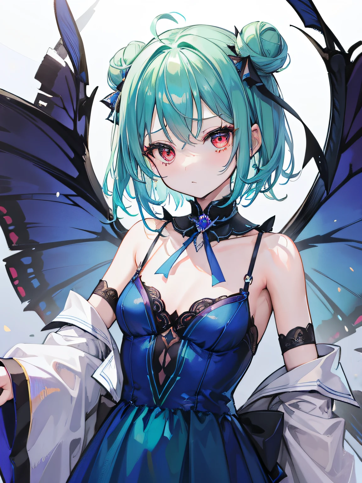 {Moist feather(hololive)}, 1girl, short hair, double bun, {emeraldgreen hair}, {{Red eyes}}、masterpiece、top-quality、flat chest, 小柄、{hatred}、irate、{Deadly}、demon king、{full bodyesbian}、Aura of Darkness、Dark blue dress、demon realm、Blue winged butterfly、watching at viewers、Mouth open、