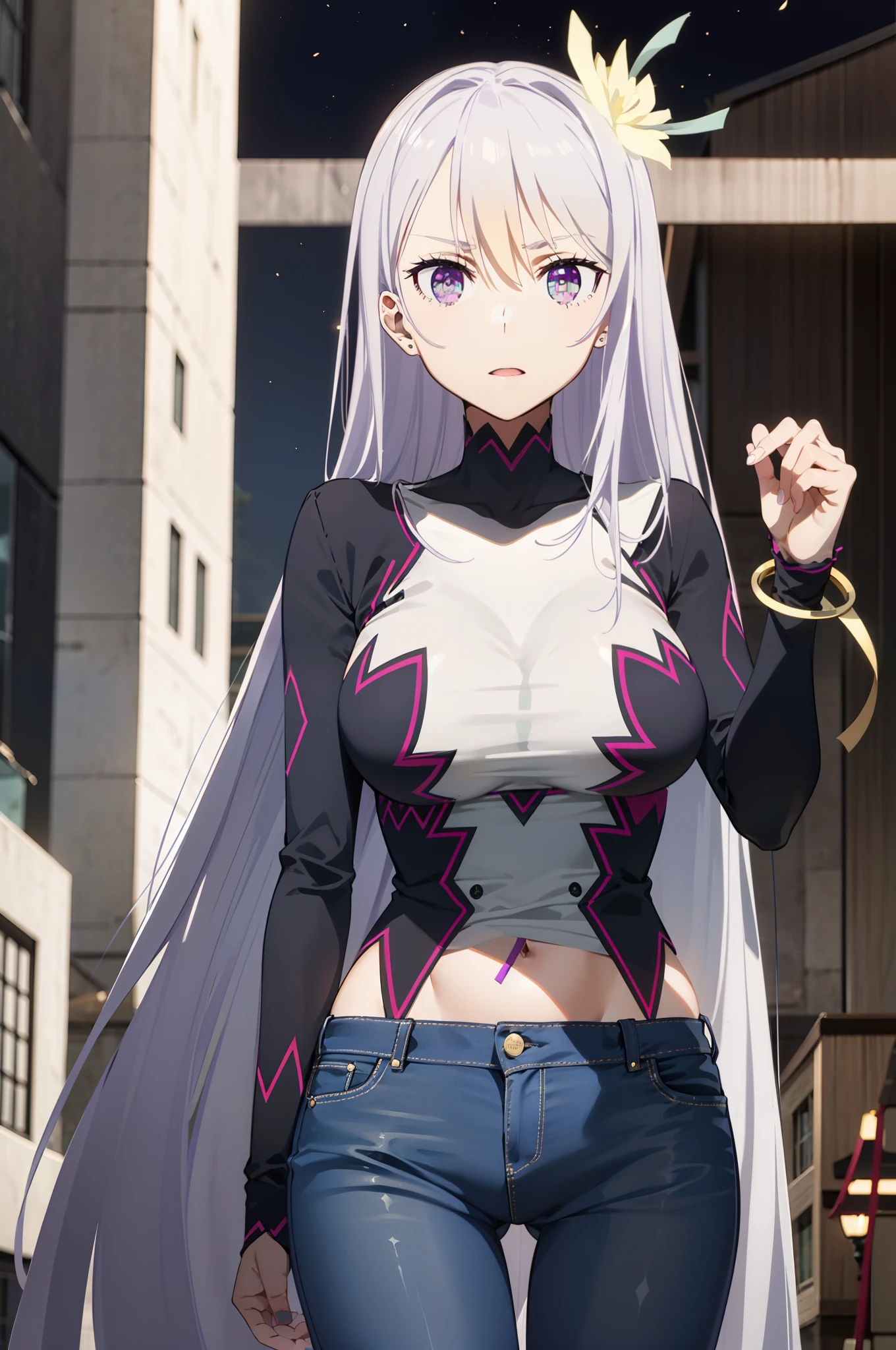 reona silver hair long hair large breasts purple eyes hair ornament jewerly hair between eyes,sweeter,jeans