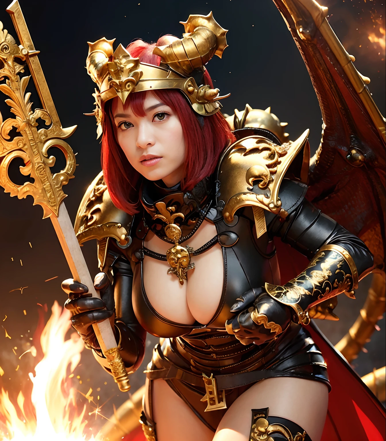 Professional , masterpiece、top-quality、photos realistic , depth of fields 、(Fight the Dragon Knight with the Dragon Mask),(Dragon Black Metal Body:1.4),(Matte Black、(cleavage of the breast)、(Fight dragons)、(Seductive look)、Dragon Gold Weapon、Mystical expression、(bikini-armor),Gorgeous gold weapons ,(( Dragon's dense and gorgeous sword)) , Beautiful knife ,warhammer 40k , adepta sororitas,Detail and gorgeous crown、((Red hair))、(Castle background)、The dragon、((Gangle's forest background))、Beautiful Caucasian beauty、(1a person)、dynamic ungle,(((Detailed and ornate dragon helmet)))、Smaller head、Castle background、Thin and beautiful female hands、cleavage of the breast、Soldier in iron armor on background、Mystical expression、Light Effects、intense fighting、Wind-effect、magic circles、With the legendary magic wand、(demonic wings)、Toostock、