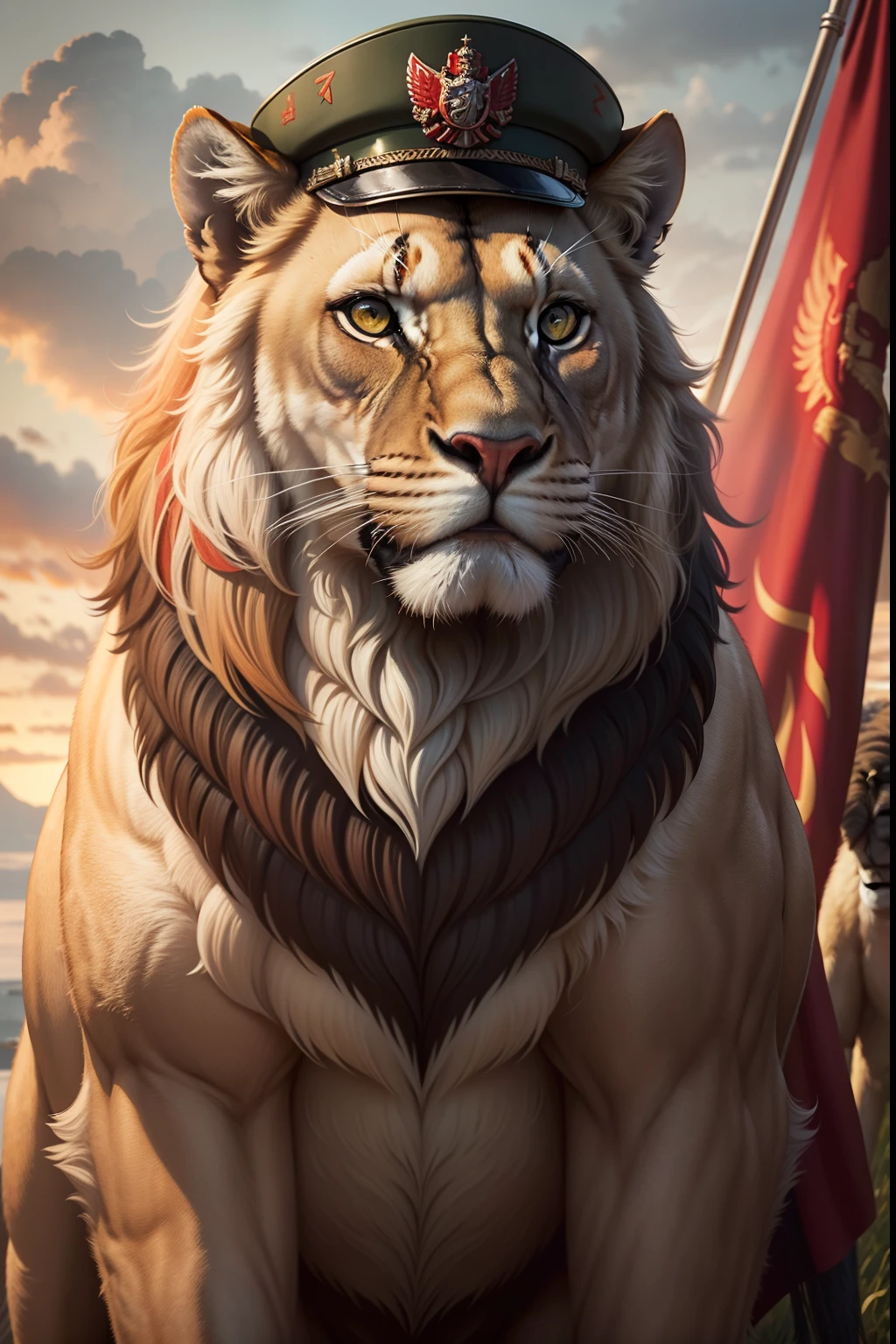 soviet lioness,medium:oil painting,detailed fur texture,intense eyes,strong and majestic posture,vivid colors,harsh lighting,unyielding spirit,proud expression,regal presence,strong jawline,sharp claws,noble mane,brave and fierce,subtle hint of red,commanding presence,heroic stance,great physical strength,classic soviet style,lioness wearing a military hat,andresolute gaze,background includes a red flag with hammer and sickle,fearless protector. (best quality,4k,8k,highres,masterpiece:1.2),ultra-detailed,(realistic,photorealistic,photo-realistic:1.37),sharp focus,studiolighting.