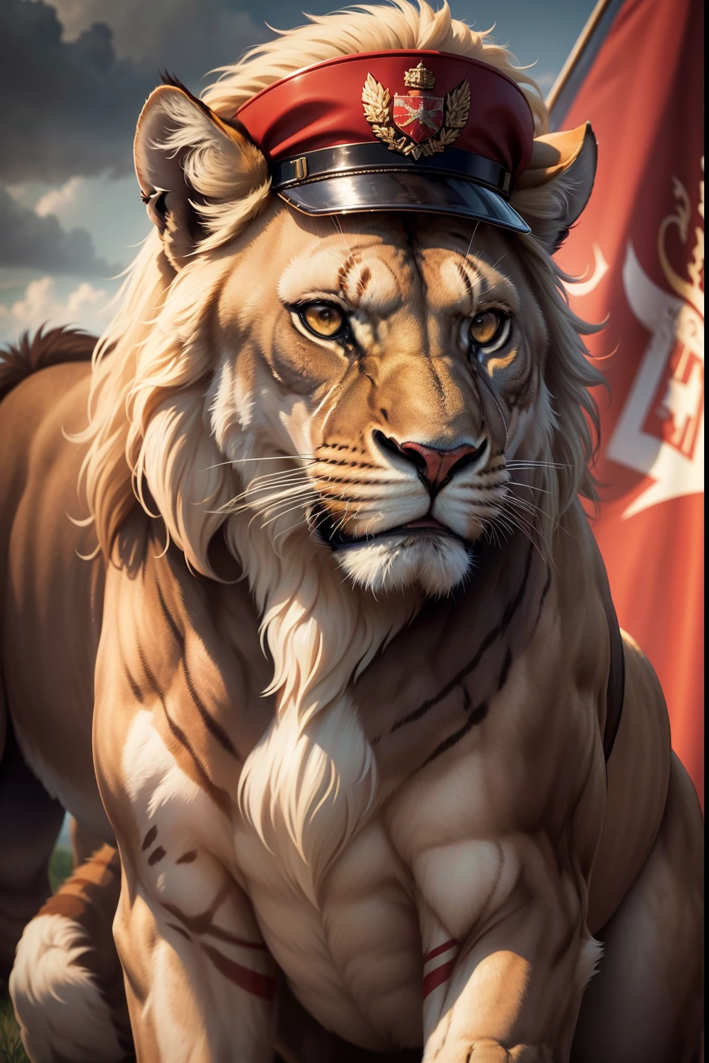 soviet lioness,medium:oil painting,detailed fur texture,intense eyes,strong and majestic posture,vivid colors,harsh lighting,unyielding spirit,proud expression,regal presence,strong jawline,sharp claws,noble mane,brave and fierce,subtle hint of red,commanding presence,heroic stance,great physical strength,classic soviet style,lioness wearing a military hat,andresolute gaze,background includes a red flag with hammer and sickle,fearless protector. (best quality,4k,8k,highres,masterpiece:1.2),ultra-detailed,(realistic,photorealistic,photo-realistic:1.37),sharp focus,studiolighting.