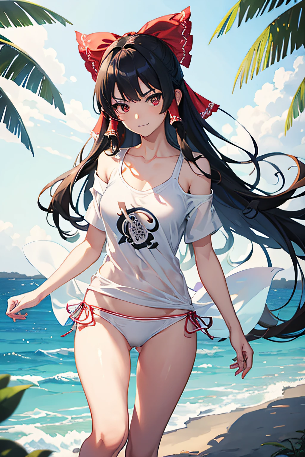 1girl, solo focus, type moon style, Kyoto animation style, very long hair, blunt bangs, hair between eyes, sidelocks, black hair, shiny hair, beautiful detailed cold face, seductive smile, angry, complex details beautiful and delicate eyes, bare_shoulders, small_breasts, gray eyes, white skin, hair ornament, (((T-shirt))), swim ring, swimsuit, beautiful bare back, sandals, skindentation, collarbones, bare_legs, beach, beautiful detailed sky, White sand, tree, very precise detailed, absurdres, extremely detailed, 16k wallpaper,(Hakurei Reimu like), ((new clothes))