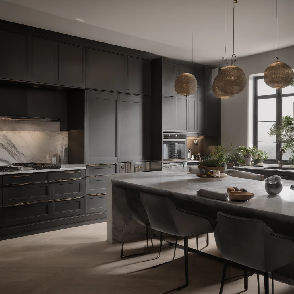There is a kitchen with a black central island and a marbled dining table, fotografia de design de interiores, fotografia de interiores, real estate photography, Directed by: Emerson Silva, Directed by: Felipe Seade, tomada em 2 0 2 0, with dramatic lighting, Directed by: Samuel Silva, com pano de fundo de luz natural, Directed by: Micha Klein, Directed by: Judith Gutierrez, Design de interiores premiado, Directed by: Nandor Soldier