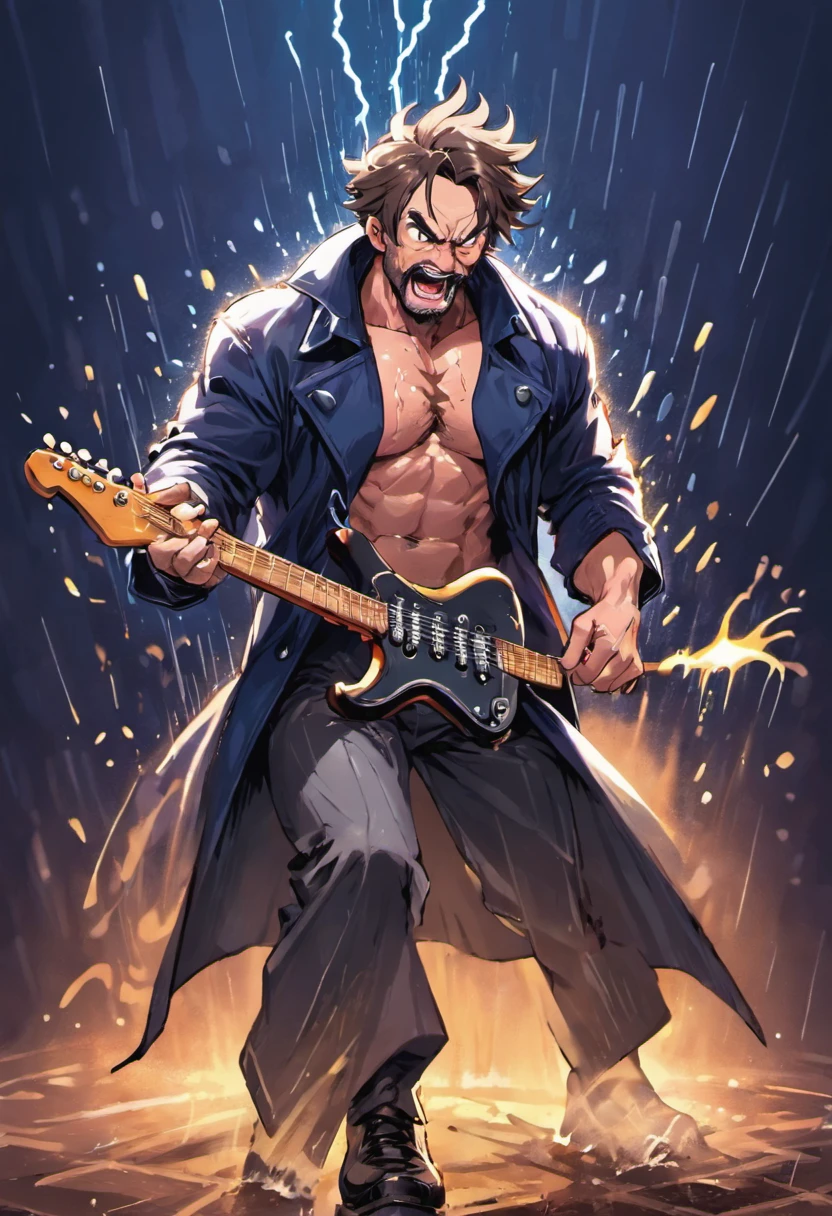 There is a man playing the electric guitar on empty land, singing, it rains and clouded, deep dark blue color background, surrounded fences, bonfire of drums, he gets wet on the rain, droplets, gigachad muscles, wearing a dull navy trench coat, wearing black shirt as inner, muscular men , male art, Eric Clapton, Commission for high resolution, Very heavy vignette!!!,hard ,Nothing is worn, slight laugh,veiny muscles,,shaggy lumpy body,Silver Plate Tag Necklace,Dad with extreme muscle mass,Black little long shaved side hair,Cropped beard face, little laugh, Around 50 years old,tanned brown skin,ultra-detailliert,High quality,Realistic and smooth skin texture,Photorealistic Dandy Guy,Light and shadow
