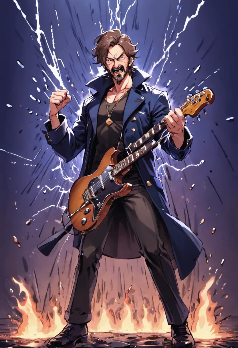 There is a man playing the electric guitar on empty land, singing, it rains and clouded, deep dark blue color background, surrounded fences, bonfire of drums, he gets wet on the rain, droplets, gigachad muscles, wearing a dull navy trench coat, wearing black shirt as inner, muscular men , male art, Eric Clapton, Commission for high resolution, Very heavy vignette!!!,hard ,Nothing is worn, slight laugh,veiny muscles,,shaggy lumpy body,Silver Plate Tag Necklace,Dad with extreme muscle mass,Black little long shaved side hair,Cropped beard face, little laugh, Around 50 years old,tanned brown skin,ultra-detailliert,High quality,Realistic and smooth skin texture,Photorealistic Dandy Guy,Light and shadow