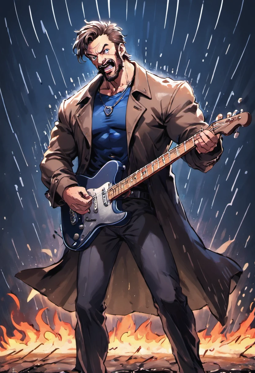 There is a man playing the electric guitar on empty land, singing, it rains and clouded, deep dark blue color background, surrounded fences, bonfire of drums, he gets wet on the rain, droplets, gigachad muscles, wearing a dull navy trench coat, wearing black shirt as inner, muscular men , male art, Eric Clapton, Commission for high resolution, Very heavy vignette!!!,hard ,Nothing is worn, slight laugh,veiny muscles,,shaggy lumpy body,Silver Plate Tag Necklace,Dad with extreme muscle mass,Black little long shaved side hair,Cropped beard face, little laugh, Around 50 years old,tanned brown skin,ultra-detailliert,High quality,Realistic and smooth skin texture,Photorealistic Dandy Guy,Light and shadow