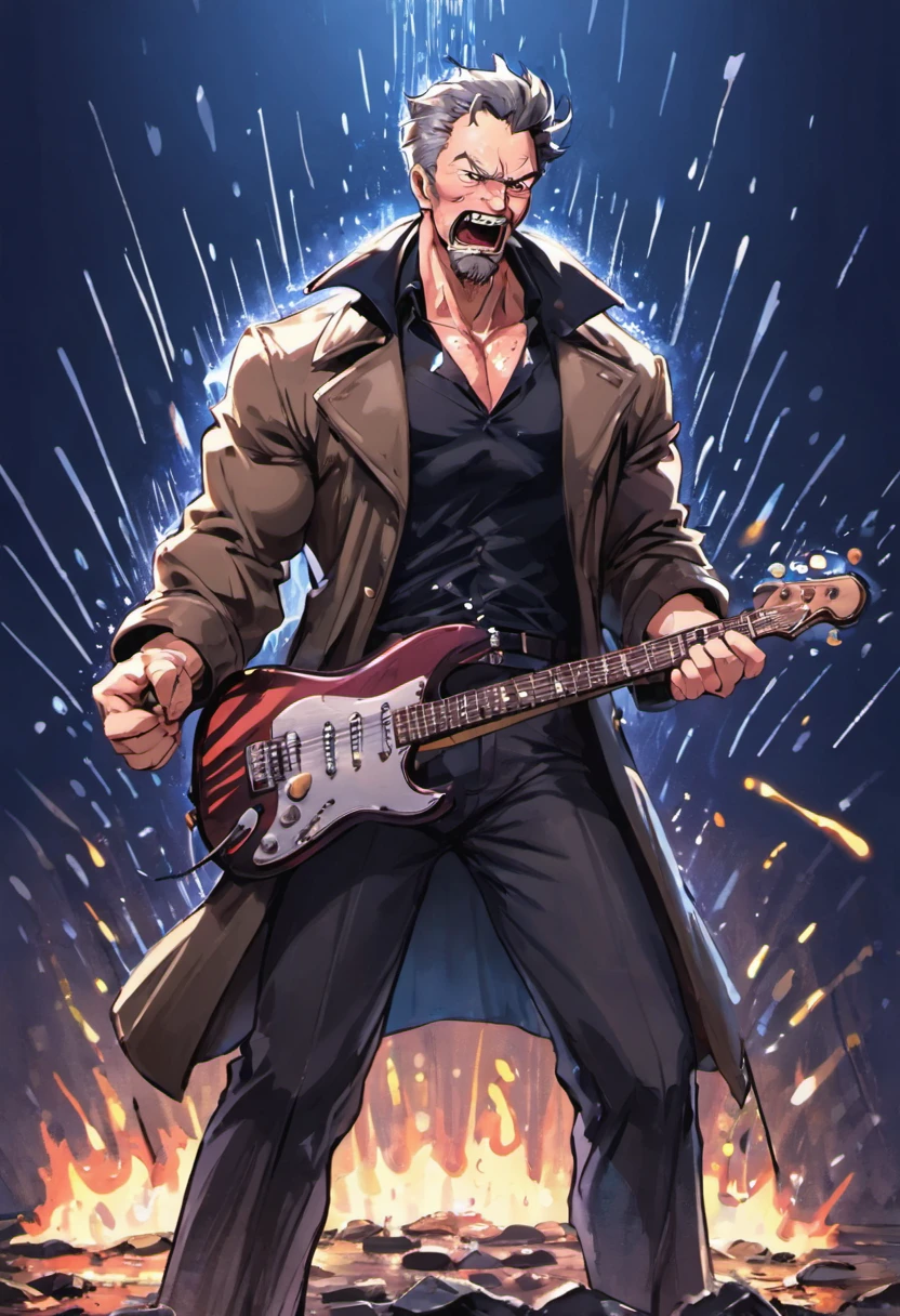 There is a man playing the electric guitar on empty land, singing, it rains and clouded, deep dark blue color background, surrounded fences, bonfire of drums, he gets wet on the rain, droplets, gigachad muscles, wearing a dull navy trench coat, wearing black shirt as inner, muscular men , male art, Eric Clapton, Commission for high resolution, Very heavy vignette!!!,hard ,Nothing is worn, slight laugh,veiny muscles,,shaggy lumpy body,Silver Plate Tag Necklace,Dad with extreme muscle mass,Black little long shaved side hair,Cropped beard face, little laugh, Around 50 years old,tanned brown skin,ultra-detailliert,High quality,Realistic and smooth skin texture,Photorealistic Dandy Guy,Light and shadow