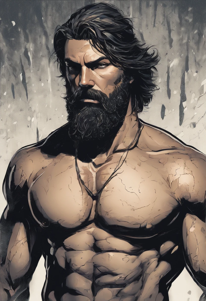 There is a man playing the electric guitar on empty land, singing, it rains and clouded, deep dark blue color background, surrounded fences, bonfire of drums, he gets wet on the rain, droplets, gigachad muscles, wearing a dull navy trench coat, wearing black shirt as inner, muscular men , male art, Eric Clapton, Commission for high resolution, Very heavy vignette!!!,hard ,Nothing is worn, slight laugh,veiny muscles,,shaggy lumpy body,Silver Plate Tag Necklace,Dad with extreme muscle mass,Black little long shaved side hair,Cropped beard face, little laugh, Around 50 years old,tanned brown skin,ultra-detailliert,High quality,Realistic and smooth skin texture,Photorealistic Dandy Guy,Light and shadow