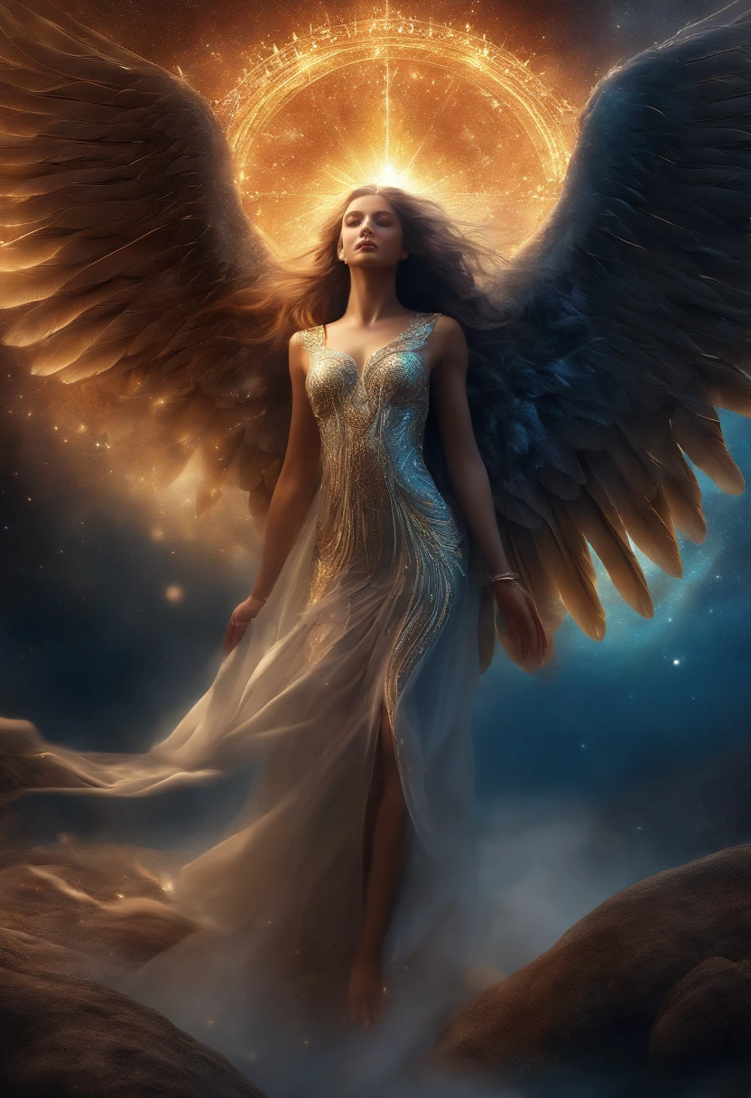 cosmic fallen angel, olhos claros brilhantes, Biomechanicals, estranho, assustador, Pesadelo, cores muito brilhantes, light particles, com luz brilhante, Mshiff, Arte do papel de parede, Papel de parede UHD