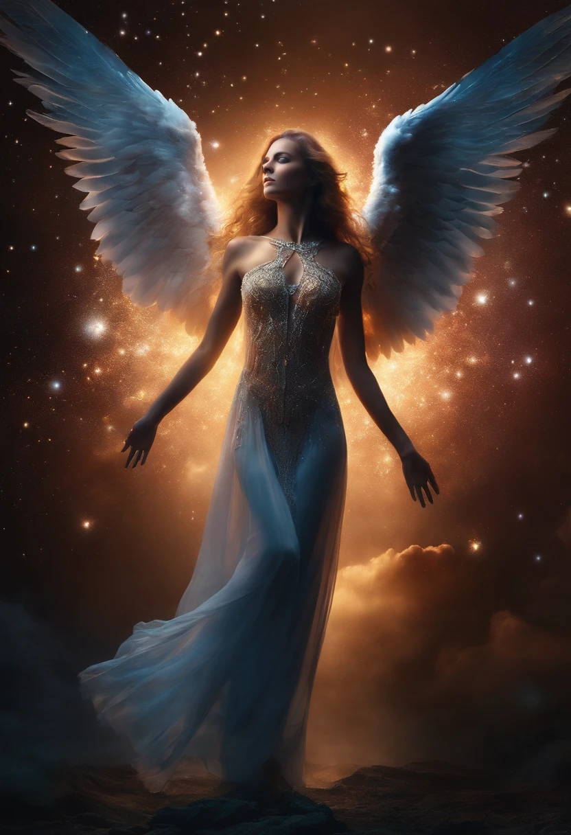 cosmic fallen angel, olhos claros brilhantes, Biomechanicals, estranho, assustador, Pesadelo, cores muito brilhantes, light particles, com luz brilhante, Mshiff, Arte do papel de parede, Papel de parede UHD