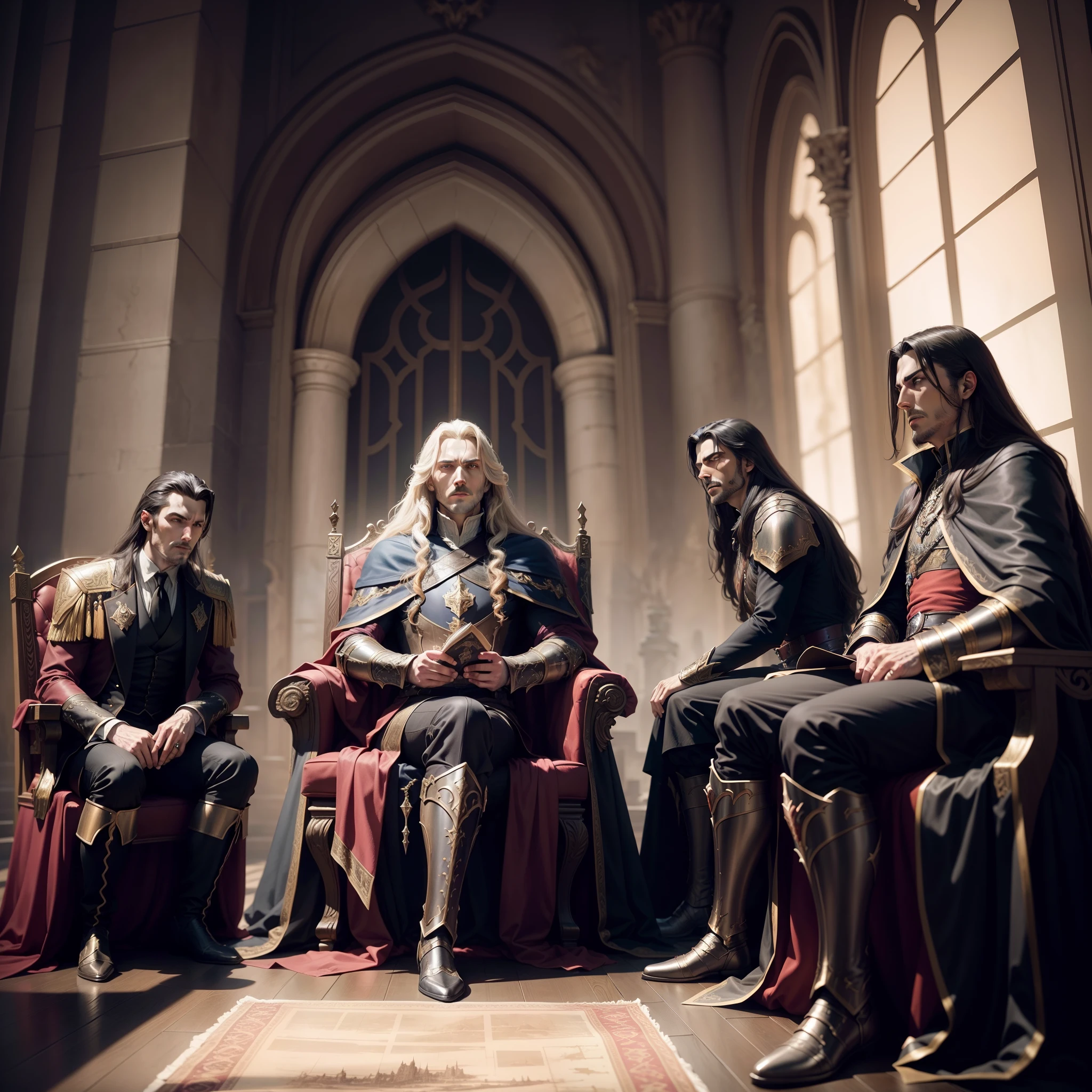 Castlevania Lord of the shadows hyper realistic super detailed Dynamic shot master piece scene cinématique scènes movie Epic Legendary of Lord Dracula sitting in his great throne room with his soldiers looking in Map of conquest hyper realistic super detailed scènes