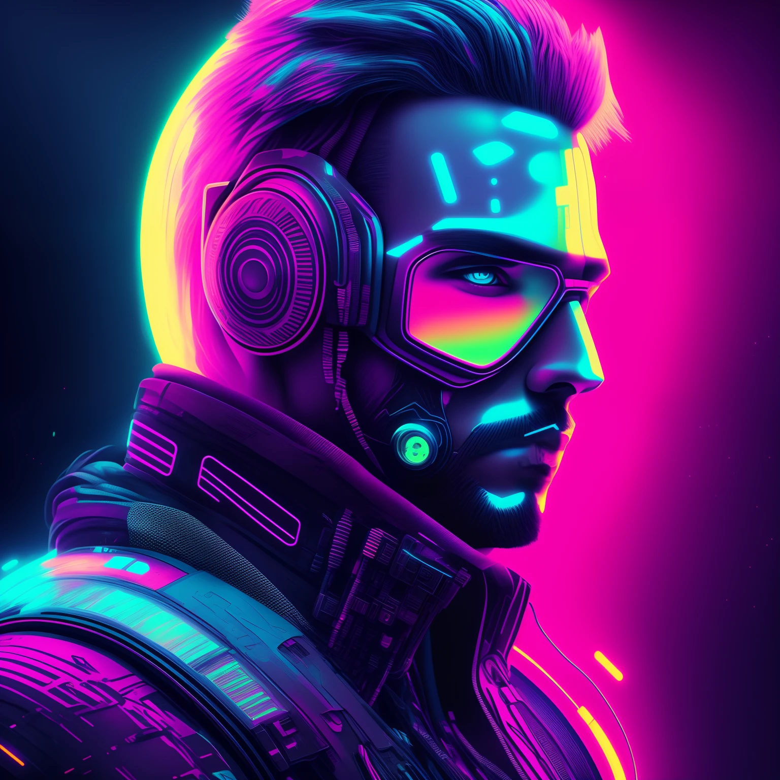 Man, cyberpunk style portrait, futuristic (neon: 1.1) reflective wear, science fiction. artgern, art, illustration, ((dark environment)), ((vegnette)), ((HDR)) ((minimal palette colors)), soft tones, soft colors, faint colors, calm, highly detailed pastel colors, intricate details