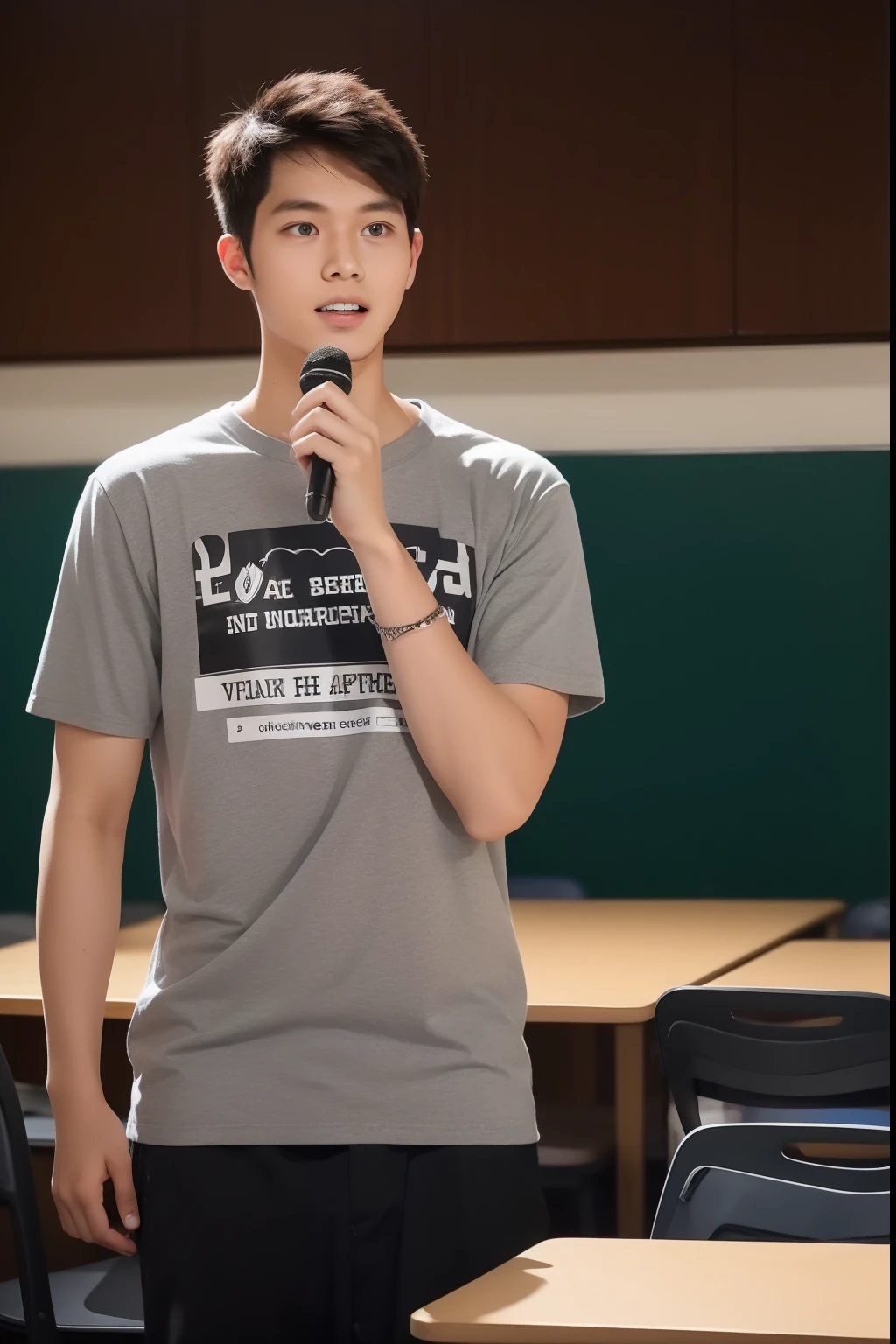 male university student presenting in a university classroom wearing black trowsers and a grey t-shirt