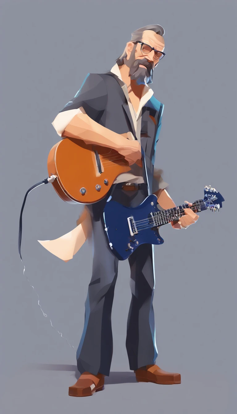 There is a man playing the electric guitar on empty land, singing, it rains and clouded, deep dark blue color background, surrounded fences, bonfire of drums, he gets wet on the rain, droplets, gigachad muscles, wearing a dull navy trench coat, wearing black shirt as inner, muscular men , male art, Eric Clapton, Commission for high resolution, Very heavy vignette!!!,hard ,Nothing is worn, slight laugh,veiny muscles,,shaggy lumpy body,Silver Plate Tag Necklace,Dad with extreme muscle mass,Black little long shaved side hair,Cropped beard face, little laugh, Around 50 years old,tanned brown skin,ultra-detailliert,High quality,Realistic and smooth skin texture,Photorealistic Dandy Guy,Light and shadow