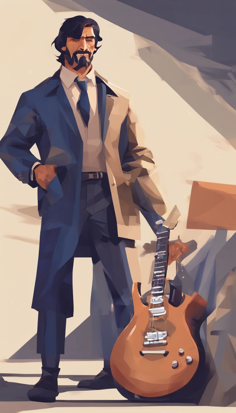 There is a man playing the electric guitar on empty land, singing, it rains and clouded, deep dark blue color background, surrounded fences, bonfire of drums, he gets wet on the rain, droplets, gigachad muscles, wearing a dull navy trench coat, wearing black shirt as inner, muscular men , male art, Eric Clapton, Commission for high resolution, Very heavy vignette!!!,hard ,Nothing is worn, slight laugh,veiny muscles,,shaggy lumpy body,Silver Plate Tag Necklace,Dad with extreme muscle mass,Black little long shaved side hair,Cropped beard face, little laugh, Around 50 years old,tanned brown skin,ultra-detailliert,High quality,Realistic and smooth skin texture,Photorealistic Dandy Guy,Light and shadow