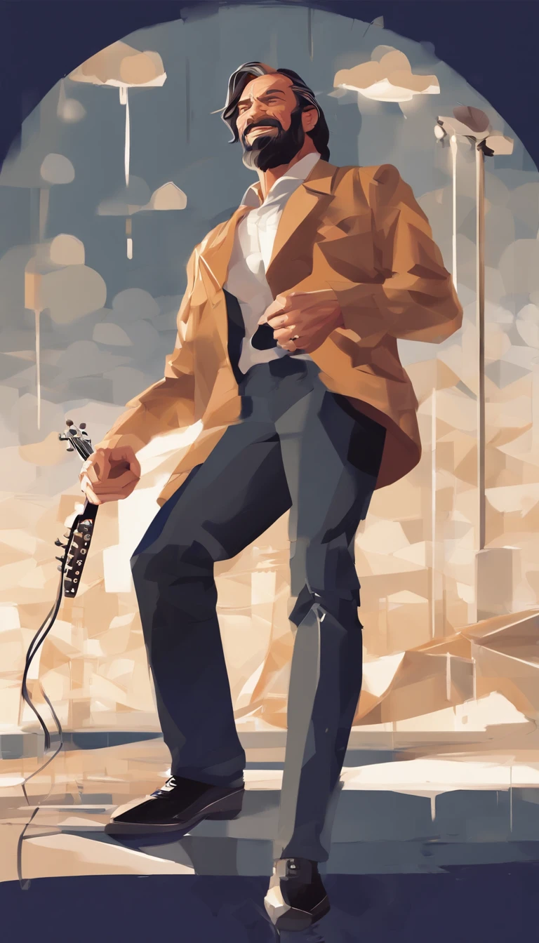 There is a man playing the electric guitar on empty land, singing, it rains and clouded, deep dark blue color background, surrounded fences, bonfire of drums, he gets wet on the rain, droplets, gigachad muscles, wearing a dull navy trench coat, wearing black shirt as inner, muscular men , male art, Eric Clapton, Commission for high resolution, Very heavy vignette!!!,hard ,Nothing is worn, slight laugh,veiny muscles,,shaggy lumpy body,Silver Plate Tag Necklace,Dad with extreme muscle mass,Black little long shaved side hair,Cropped beard face, little laugh, Around 50 years old,tanned brown skin,ultra-detailliert,High quality,Realistic and smooth skin texture,Photorealistic Dandy Guy,Light and shadow