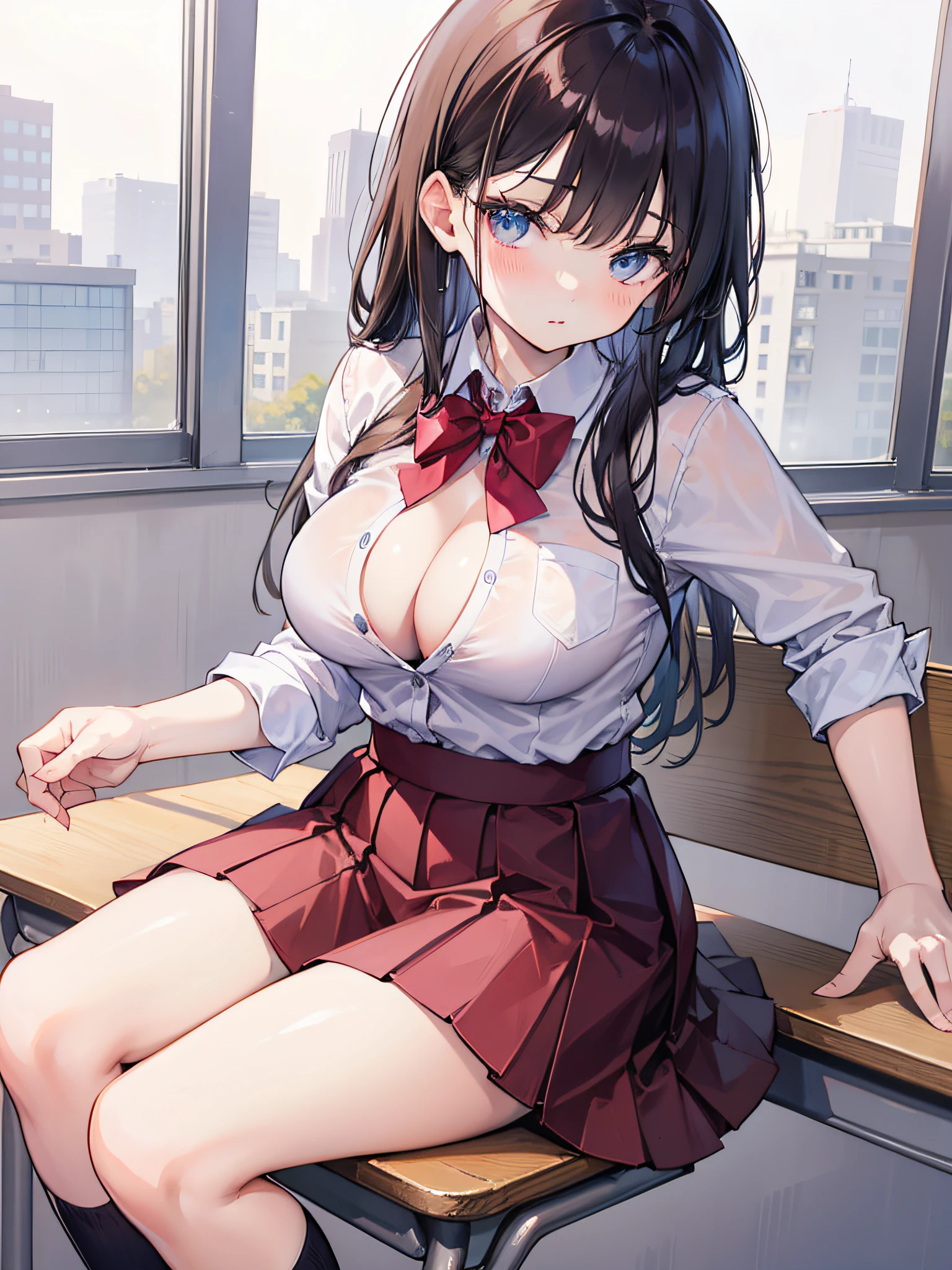 Marin Kitagawa from my dress up darling sitting on a classroom bench in a miniskirt in school uniform her shirt has one button off exposing a slight cleavage.