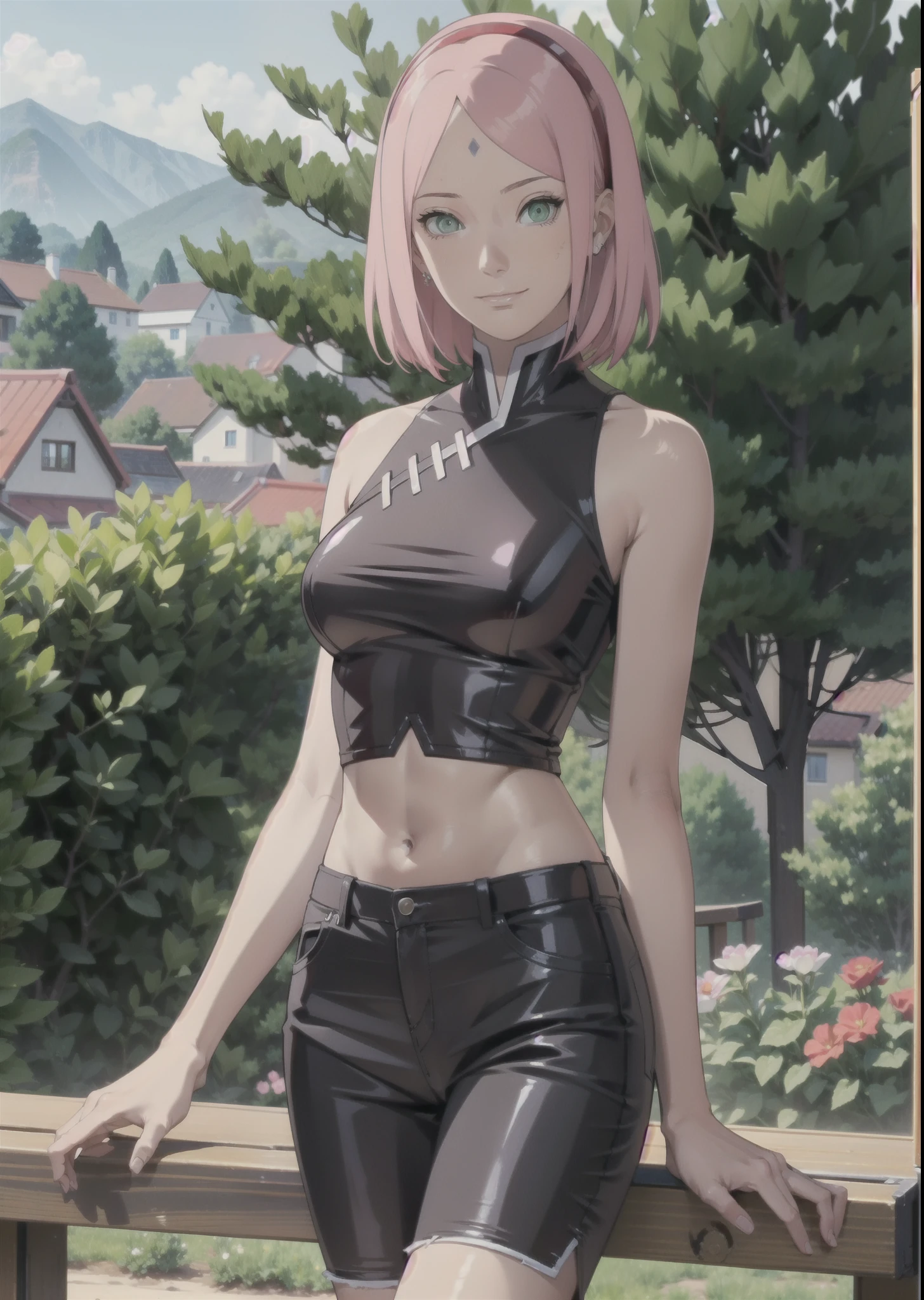 Sakura Haruno,女の子1人,kleine Brust,Perfect Body,schmale Taille,sexy body,hellrosa Haare,green eyes,symmetrisches Gesicht,Sharpness,scharfer Fokus,Extrem detaillierte Kleidung,cute smile,Blick auf den Betrachter,Stillstand,aufrecht stehend,Beautiful garden in the background,dunkelblaue Raute auf der Stirn,schwarze Handschuhe,rotes Haarband,White, sehr enges  Crop-Top,sexy outfit,Breasts pressed together, sehr weiter ausschnitt,Bauchfrei,Skinny Jeans Shorts,full entire body,full-length portrait,