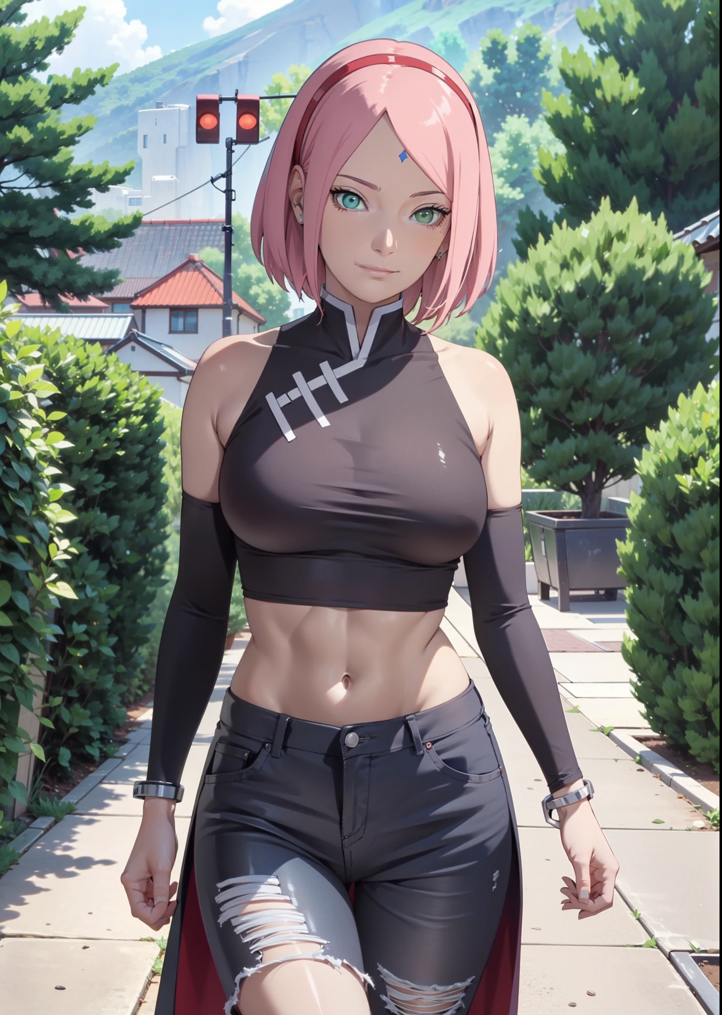 Sakura Haruno,1 girl,Small breasts,Perfect body,Slim waistline,Sexy Body,Pale pink hair,Green Eyes,Symmetrical face,Sharpness,Sharp focus,Very detailed costume,Cute Smile,Looking at the viewers,stop,Stand upright,beautiful garden in the background,dark blue diamond on forehead,Black gloves,Red Hairband,Red jogging pants,White and red skinny tank top,No sleeve,Shorten the tank top,whole body,whole body肖像画,