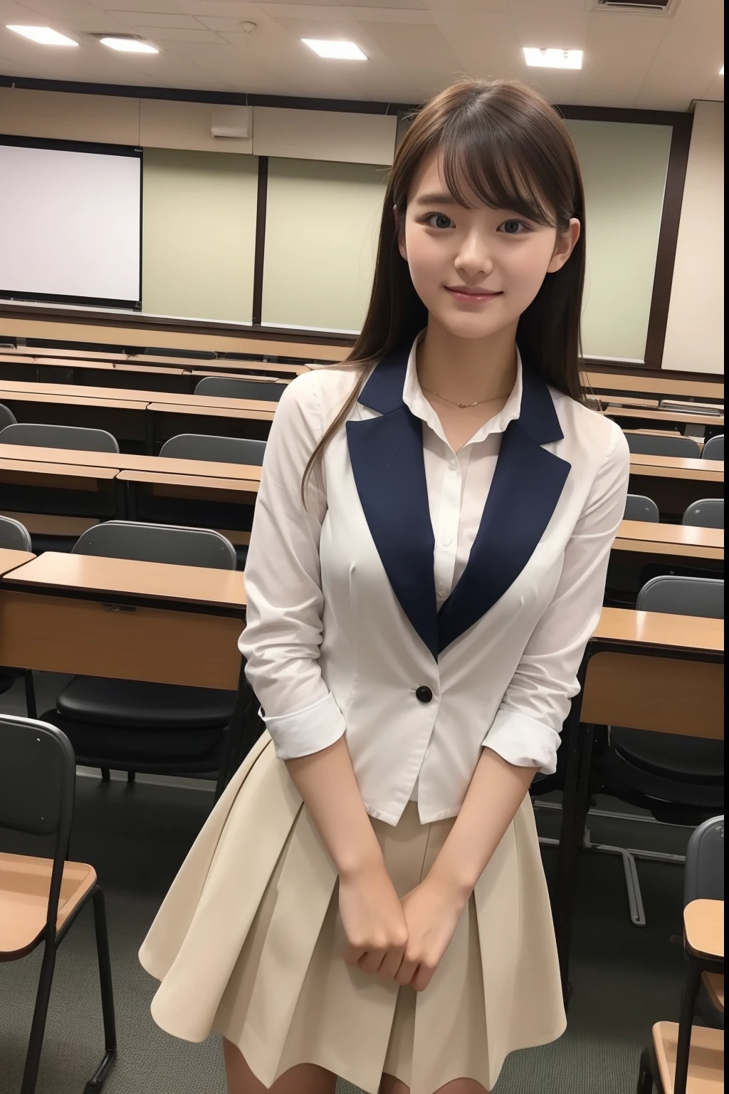 female university student presenting in a university classroom wearing a skirt and a white formal shirt