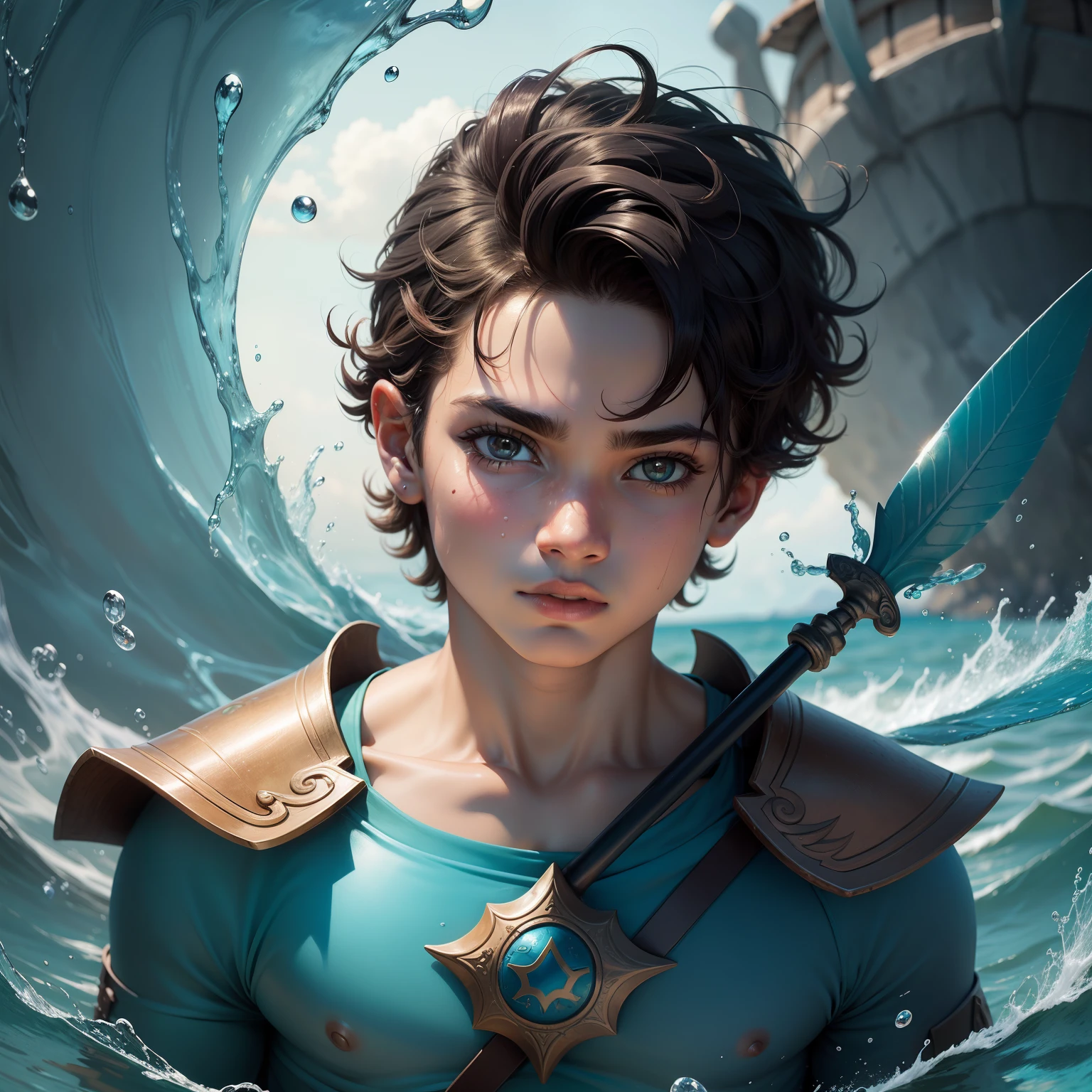 um close up de uma pessoa com cara confiante e pele cheia de escamas de peixe. pintura digital de alta qualidade. Boy with aquatic powers with a trident in his hand