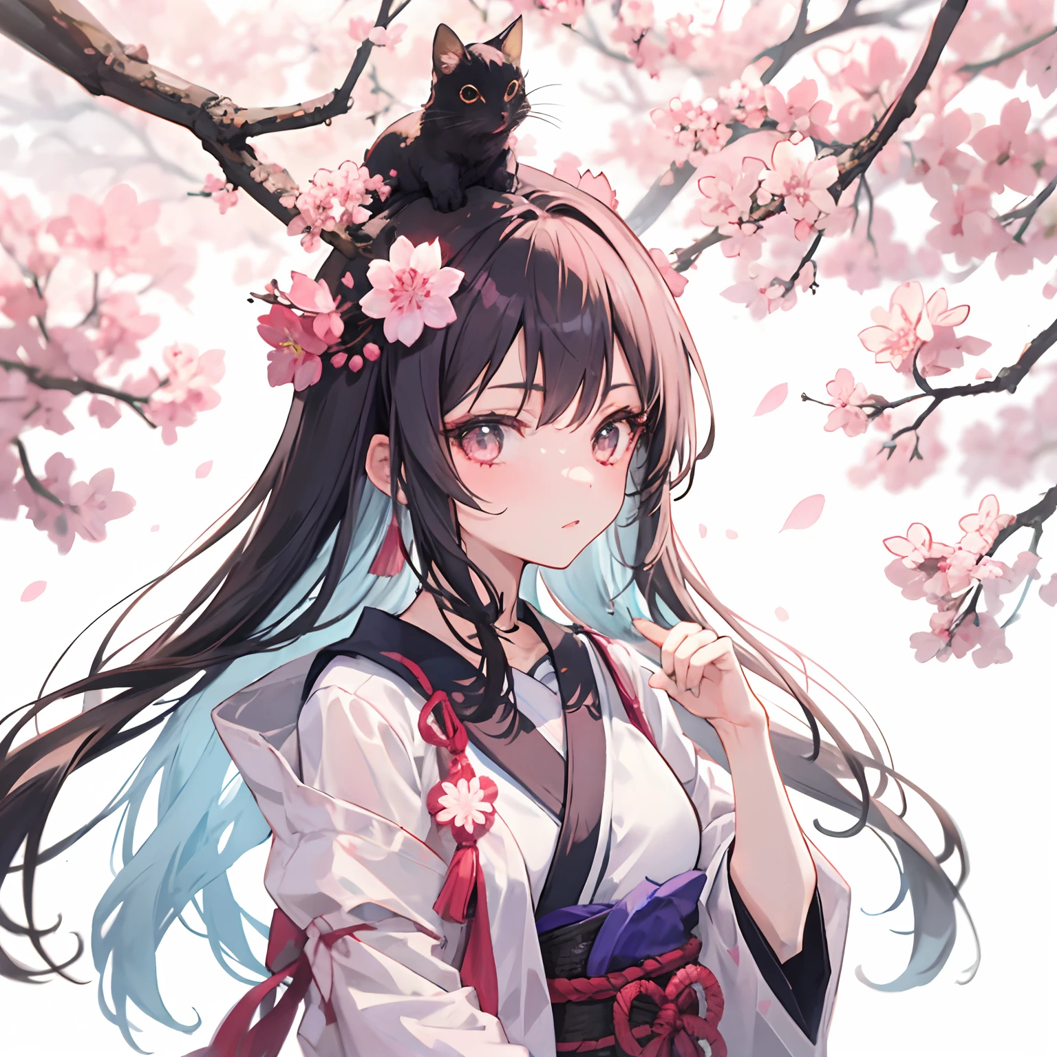 1girl in,sakura tree branch on head