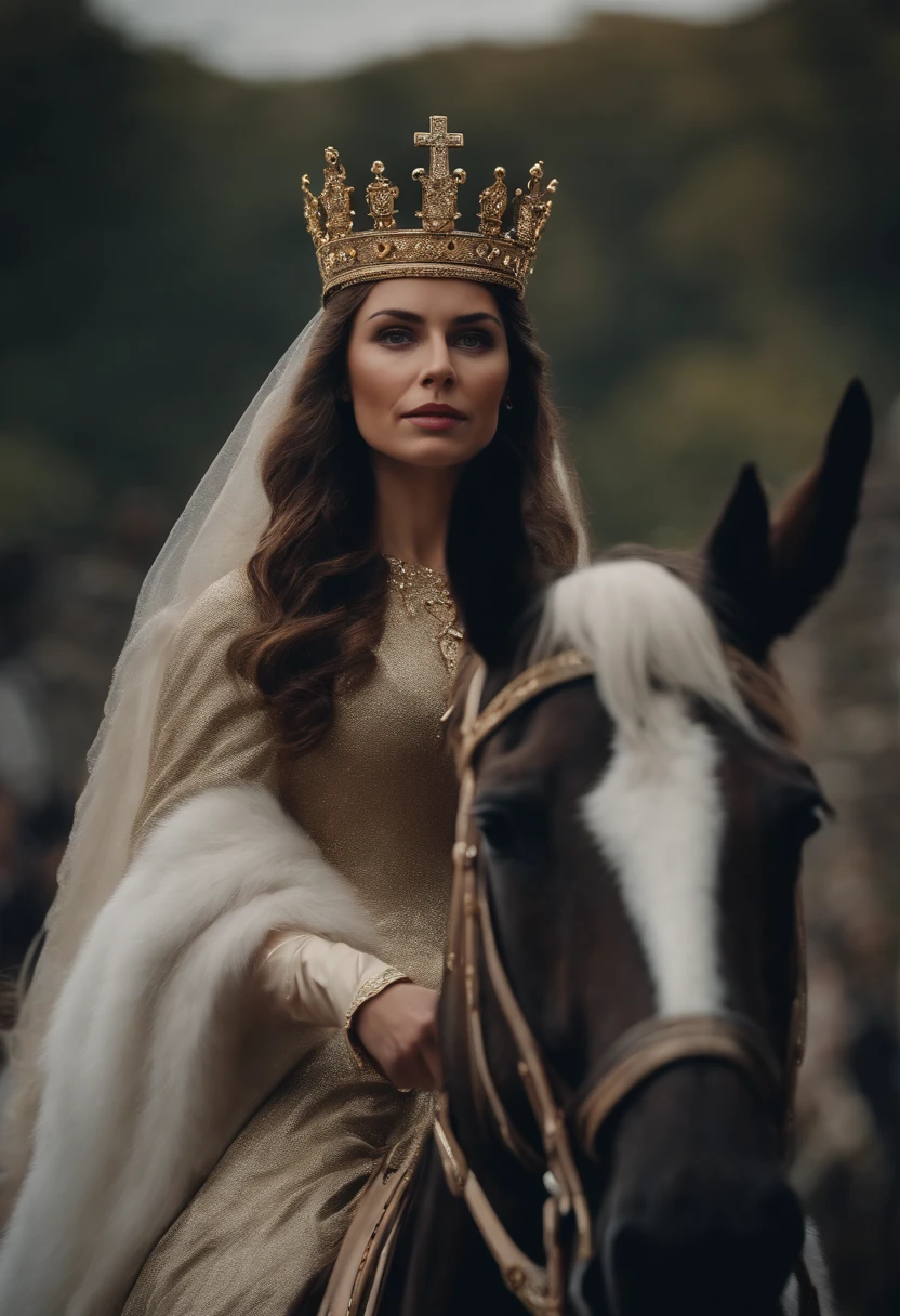Portrait of a Catholic Queen crowned on horseback in a procession over a bridge