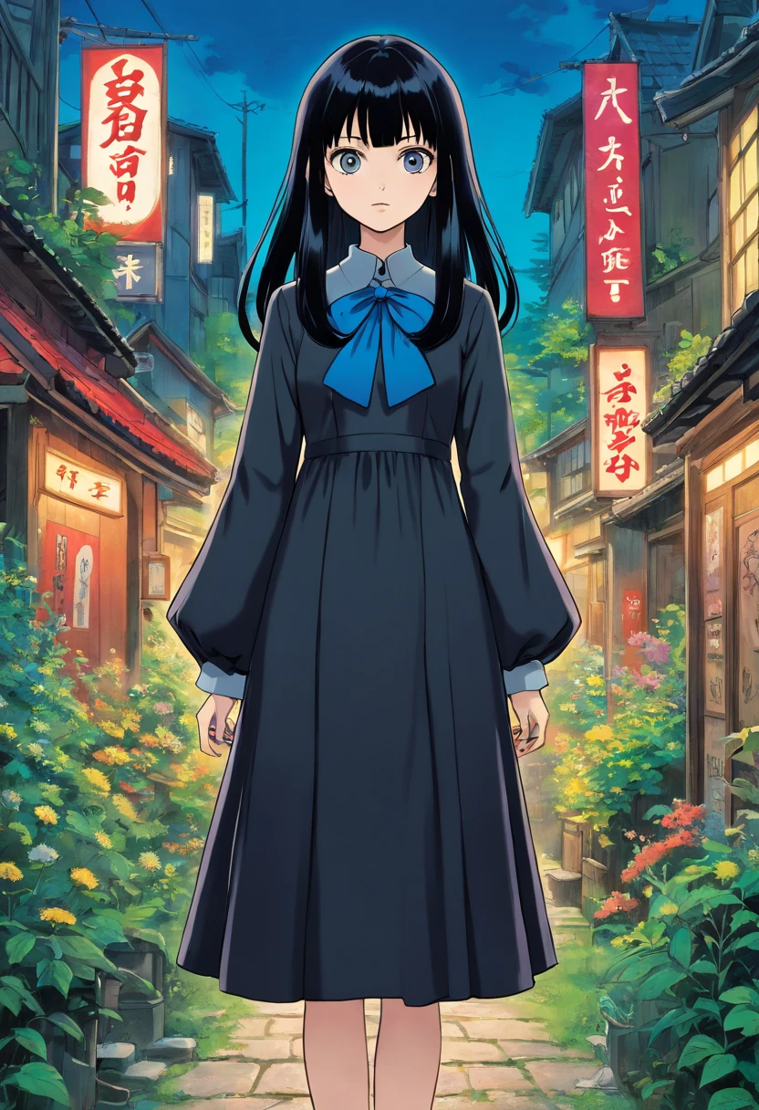 Woman with long black hair, dressed in a black dress and a blue flower, Japanese Gothic, Sui Ishida with black hair, 1 7 - - old me goth girl, 1 7 - year - goth gi Black Hime Haircut, cruel korean goth girl, in a gothic dress, wearing modern gothic clothes, Portrait of a radical girl Lolita, style of junji ito