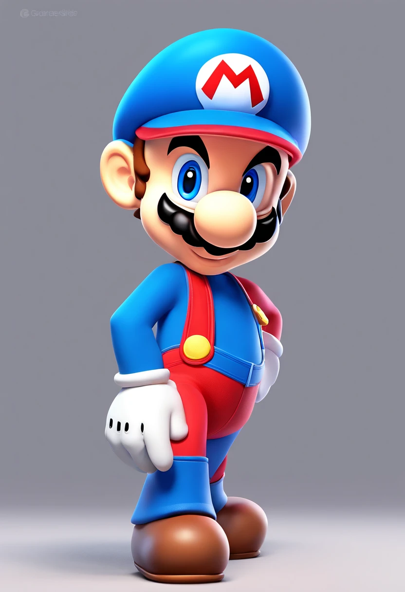 (Mario), character design, Nintendo Super Mario, (blue eyes, red hat, red suit, blue suspenders, white gloves, )super cute blind box style, chibi, full body, exaggerated expressions and actions, clean background, bright iridescent highlights, studio lighting, atmospheric lighting, with exquisite texture, high detail, high resolution, c4d, 3D, Blender, 8k, best quality, ultra high definition