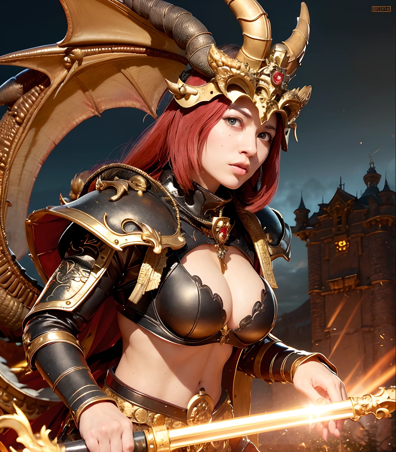 Professional , masterpiece、top-quality、photos realistic , depth of fields 、(Fight the Dragon Knight with the Dragon Mask),(Dragon Black Metal Body:1.4),(Matte Black、(cleavage of the breast)、(Fight dragons)、(Seductive look)、Dragon Gold Weapon、Mystical expression、(bikini-armor),Gorgeous gold weapons ,(( Dragon's dense and gorgeous sword)) , Beautiful knife ,warhammer 40k , adepta sororitas,Detail and gorgeous crown、((Red hair))、(Castle background)、The dragon、((Gangle's forest background))、Beautiful Caucasian beauty、(1a person)、dynamic ungle,(((Detailed and ornate dragon helmet)))、Smaller head、Castle background、Thin and beautiful female hands、cleavage of the breast、Soldier in iron armor on background、Mystical expression、Light Effects、intense fighting、Wind-effect、magic circles、With the legendary magic wand、(demonic wings)、Toostock、
