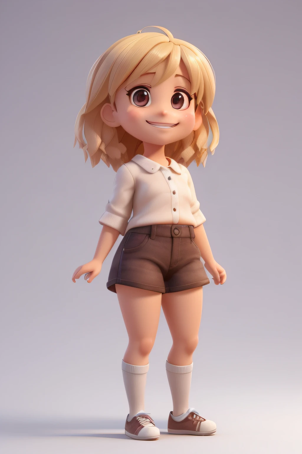 Menina dos desenhos animados com cabelo loiro e uma camisa branca e shorts castanhos, (((sorrindo))) bonito 3 d render, Arnold Maya render, animation character, personagem bonito, Personagem 3d realista, render de uma menina anime 3d bonito, Personagem 3D, Personagem 3D, 3 d character render, personagem bonito dos desenhos animados, retrato de corpo inteiro de um curto!, 3 d render stylized