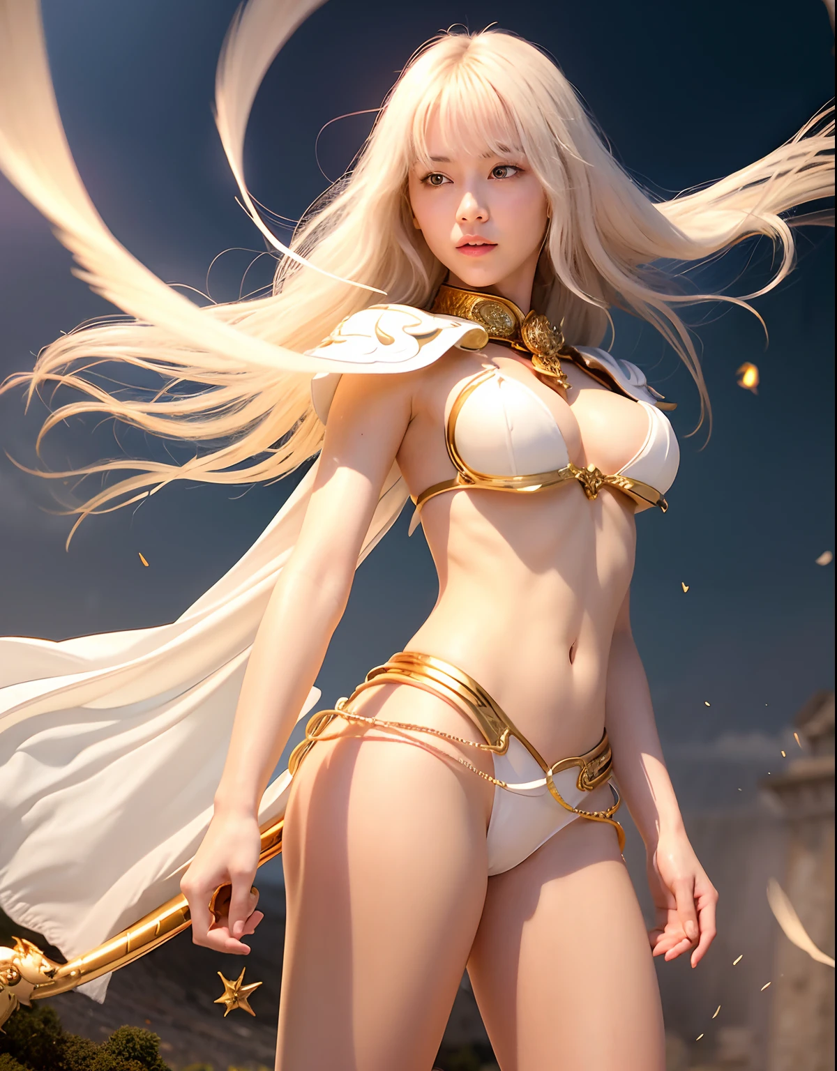Professional , ​masterpiece、top-quality、photos realistic , depth of fields 、A smile、（White bikini armor)、（Particles of light）、（Glamorous body）、Colossal tits、Jewel Gold Weapon、Particles of light),Gorgeous gold weapons ,（（ Gorgeous Dragon Sword）） , （White angel wings grow）,（maikurobikini） 、（（White hair））、（Castle background）、（（Gangle's forest background））、Beautiful Caucasian beauty、１a person、dynamic ungle,(((A small ring of light floating overhead)))、Smaller head、Idle Smile、Thin and beautiful female hands、Mystical expression、Light Effects、intense fighting、Wind-effect、magic circles、（White angel wings grow）、