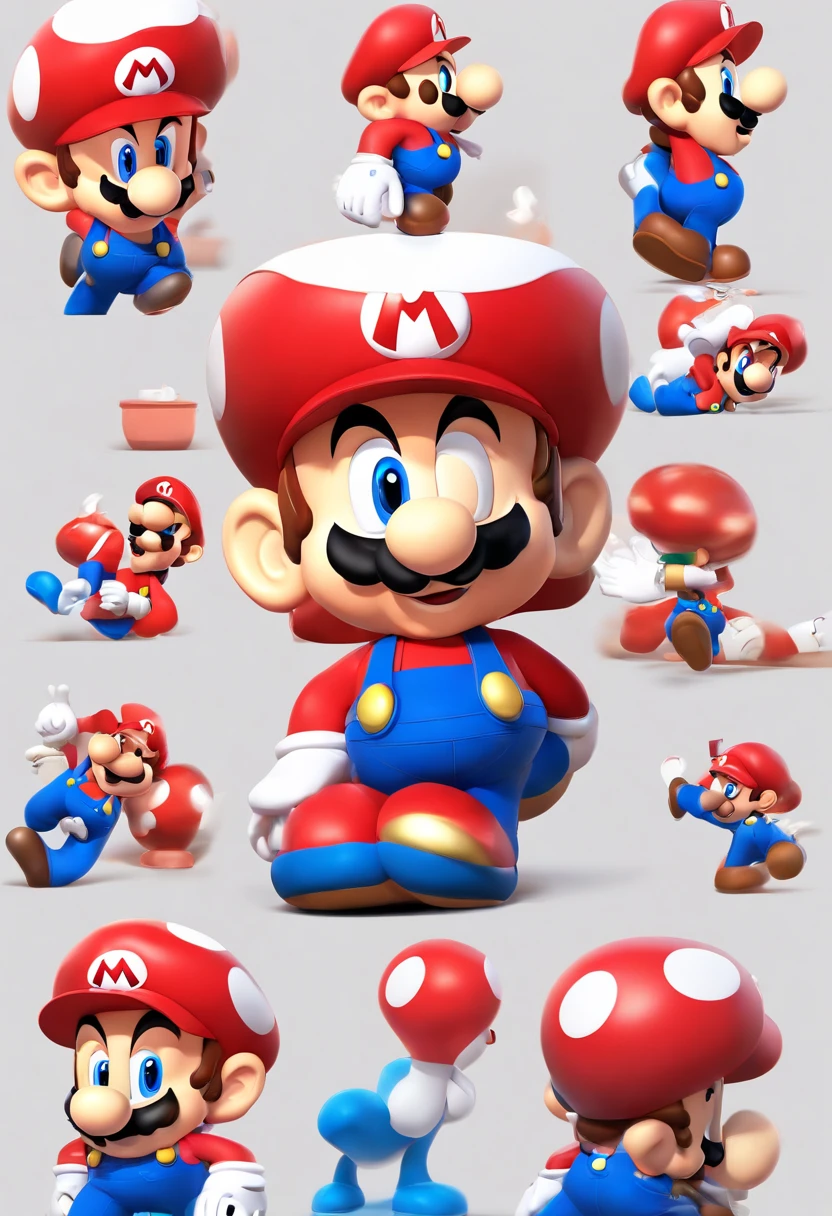 (Mario), character design, Nintendo Super Mario, (blue eyes, red hat, red suit, blue suspenders, white gloves, )super cute blind box style, chibi, full body, exaggerated expressions and actions, clean background, bright iridescent highlights, studio lighting, atmospheric lighting, with exquisite texture, high detail, high resolution, c4d, 3D, Blender, 8k, best quality, ultra high definition