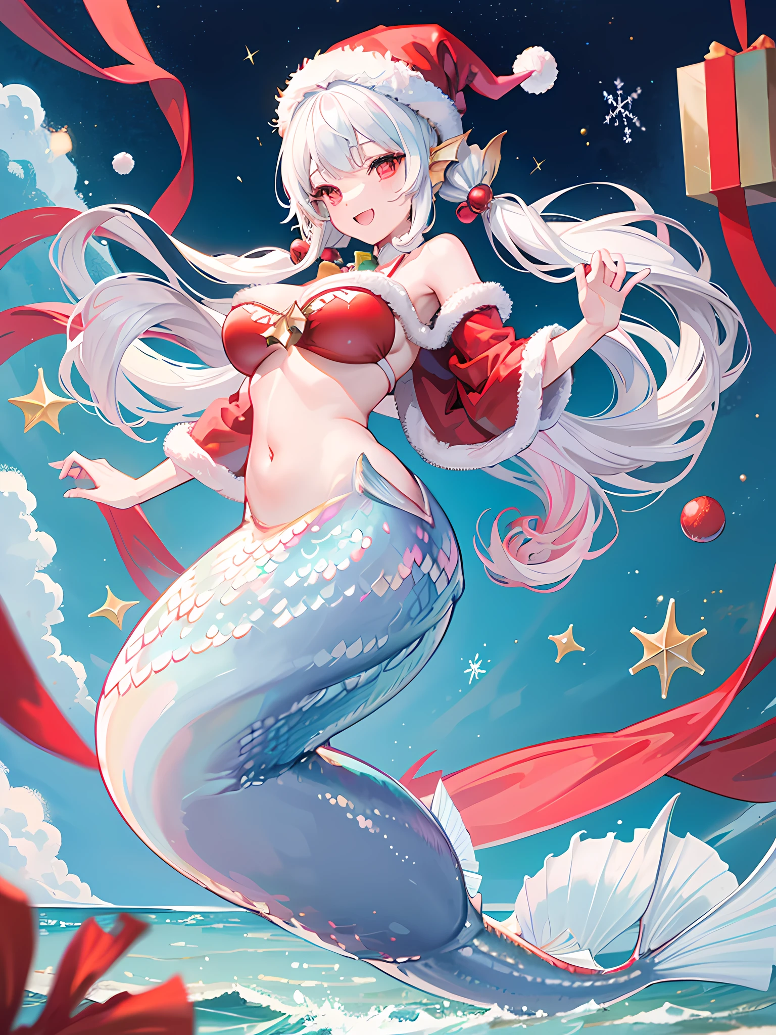 Best Quality, Extremely detailed, Anime, 1girl in, Solo, Laughing, Standing, Dynamic Angle, (mermaid:1.4), (santa costume|bikini of), santa hat, Red Eyes, (Twin tail:1.2), White hair, Christmas tree, Christmas, at sea,