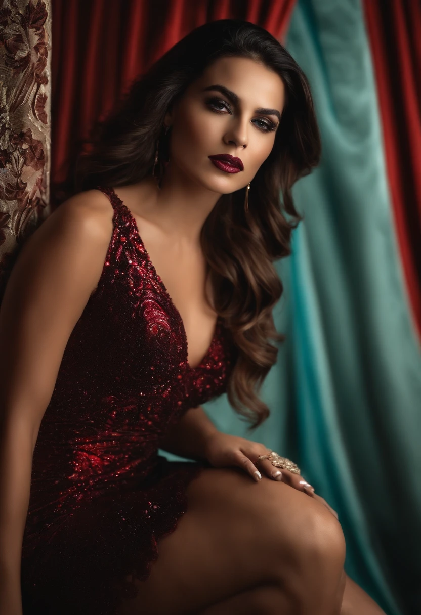 linda mulher morena com ancas largas e com um vestido justo e meias pretas sentada